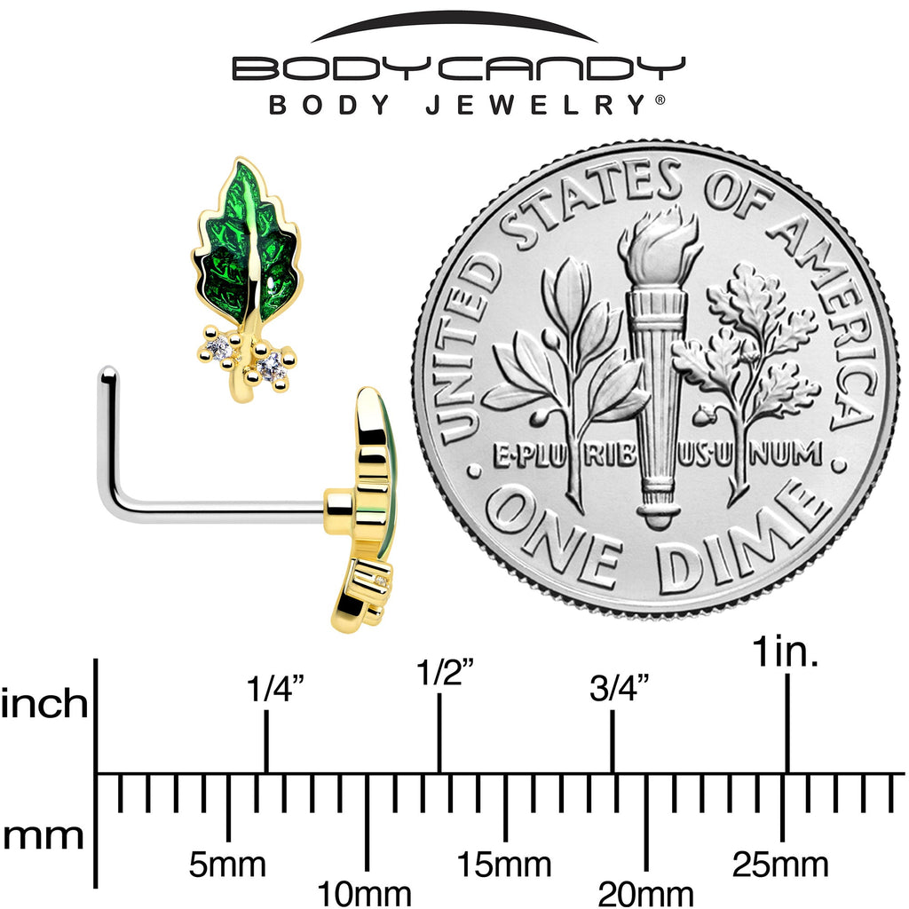 BodyCandy 20G 7mm Clear Gem Green Leaf Golden L Shape Nose Ring — back view