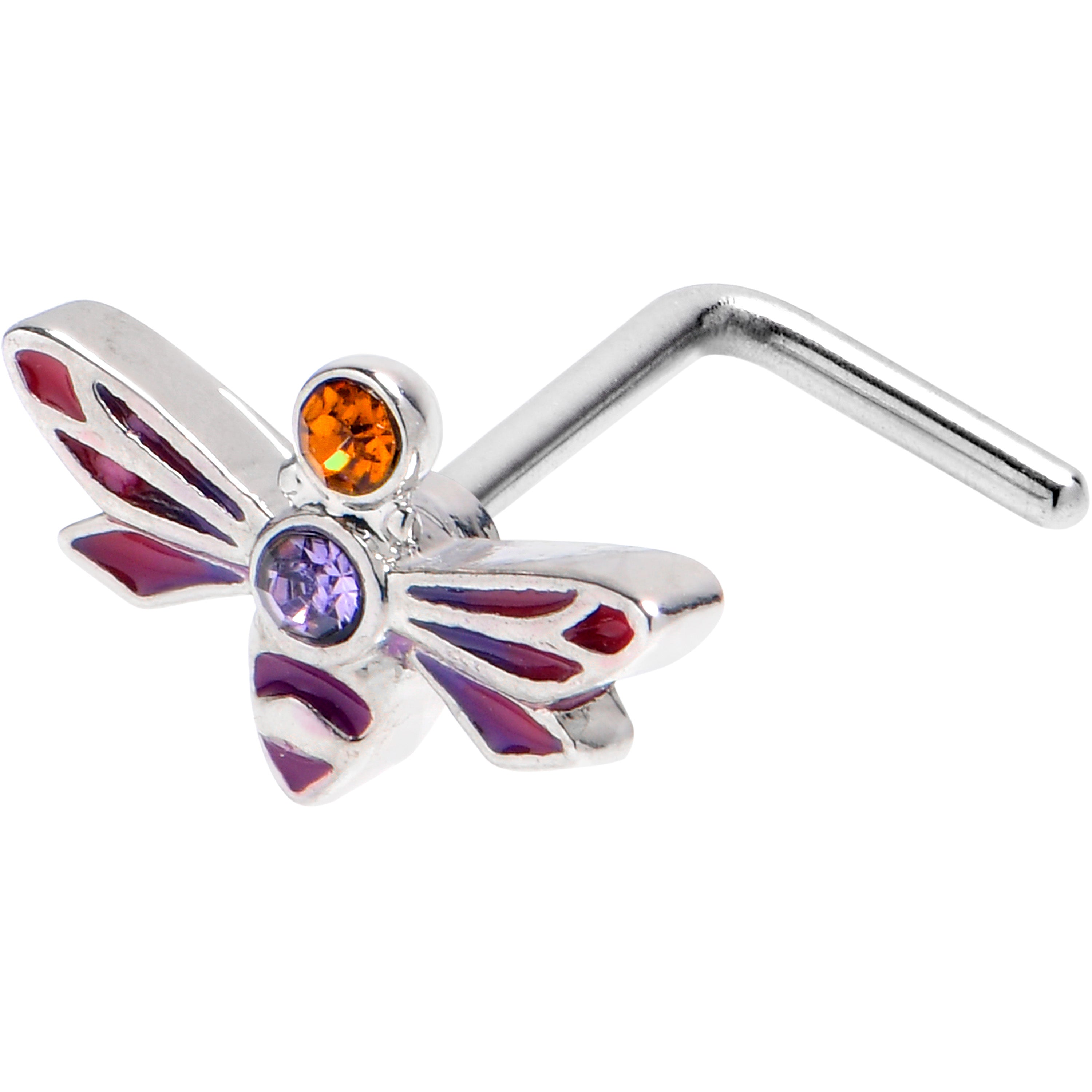 BodyCandy 20G 7mm Purple Yellow Gem Dragonfly Stripe L Shape Nose Ring — main product shot