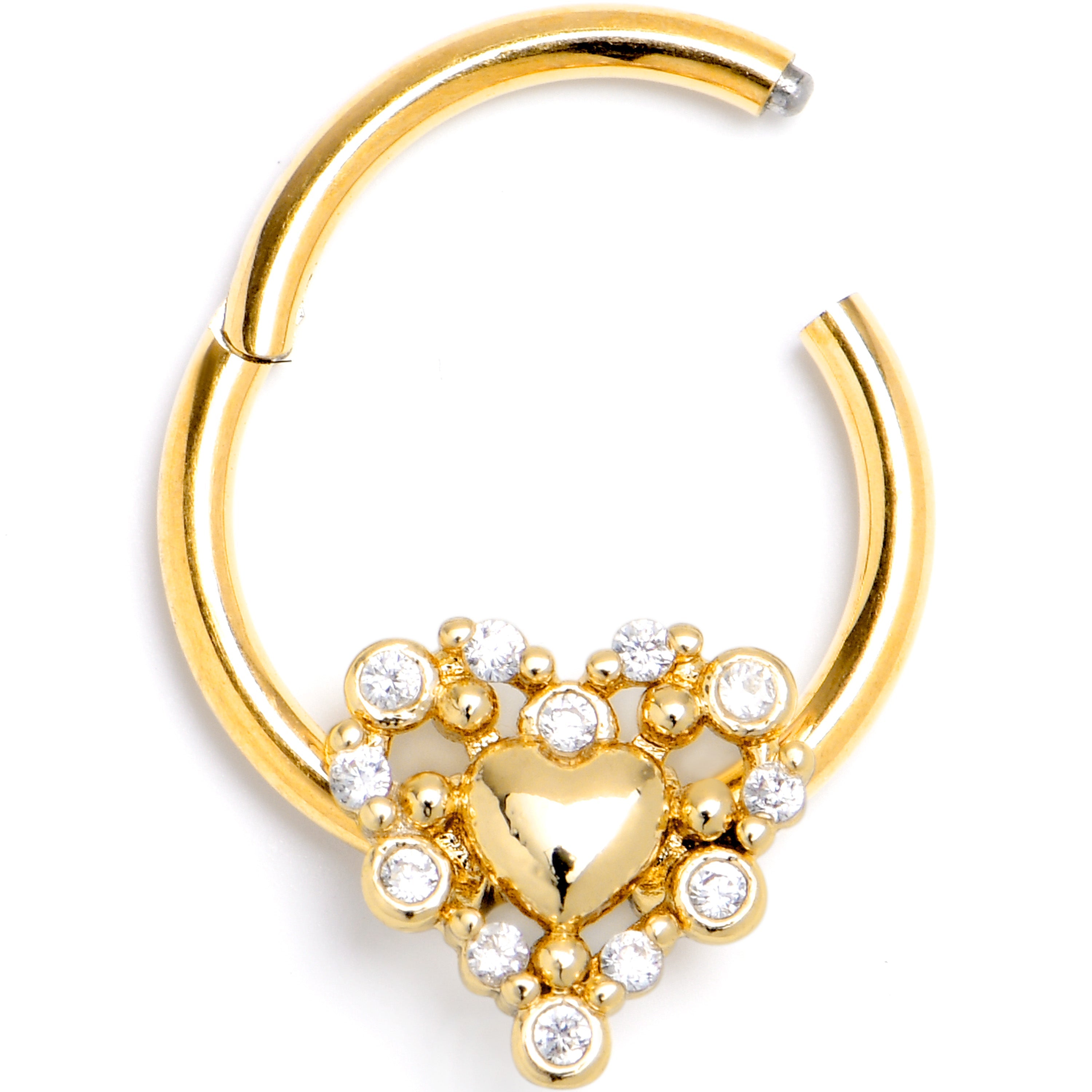 BodyCandy 16G 3/8 Clear CZ Gem Gold Tone Heart Duo Hinged Segment Ring — main product shot