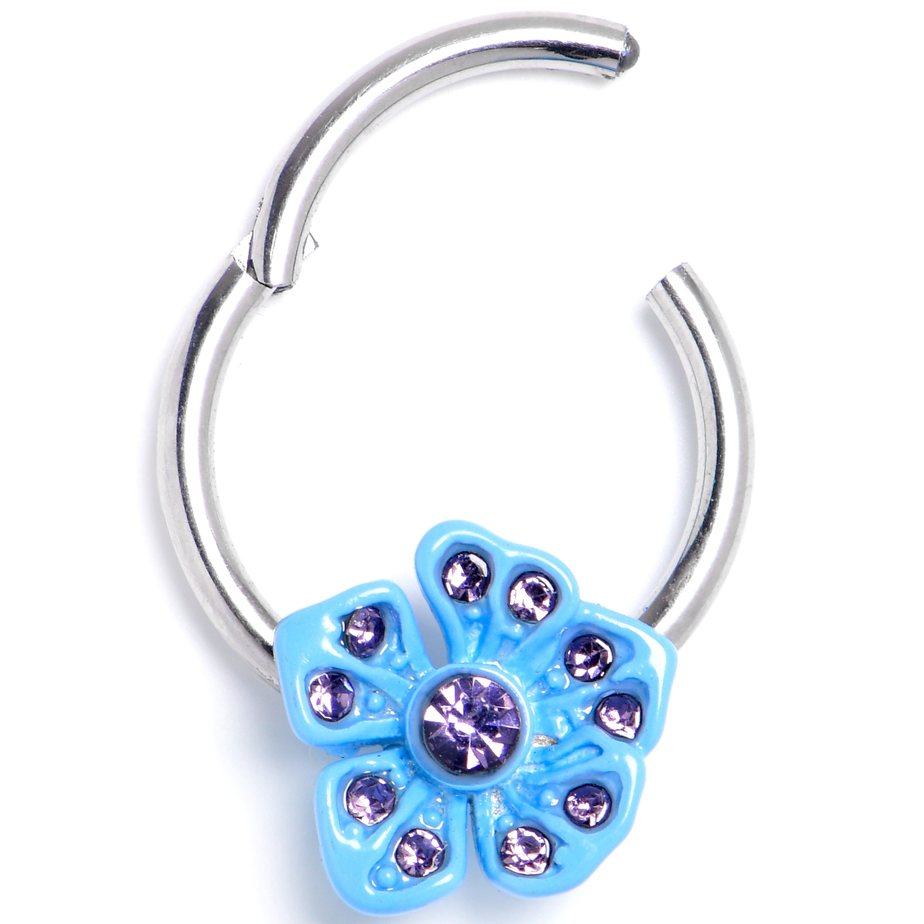 BodyCandy 16G 3/8 Purple Gem Flower Blue Bloom Hinged Segment Ring — main product shot