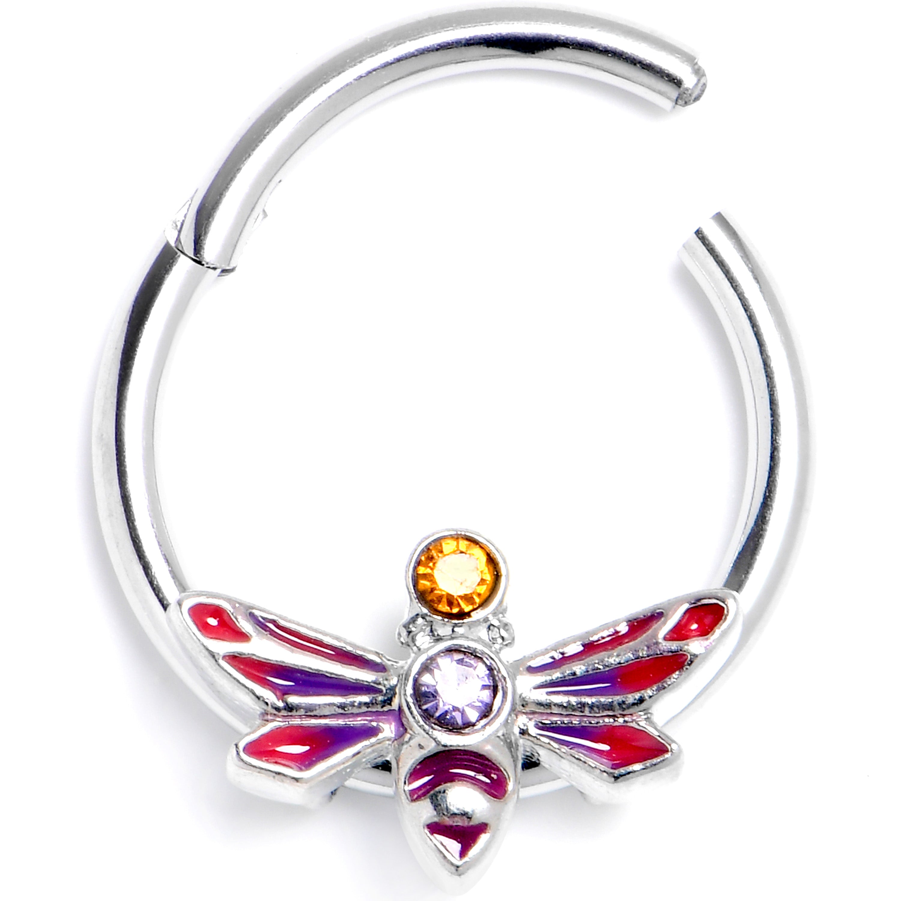 BodyCandy 16G 3/8 Purple Yellow Gem Dragonfly Stripe Hinged Segment Ring — main product shot