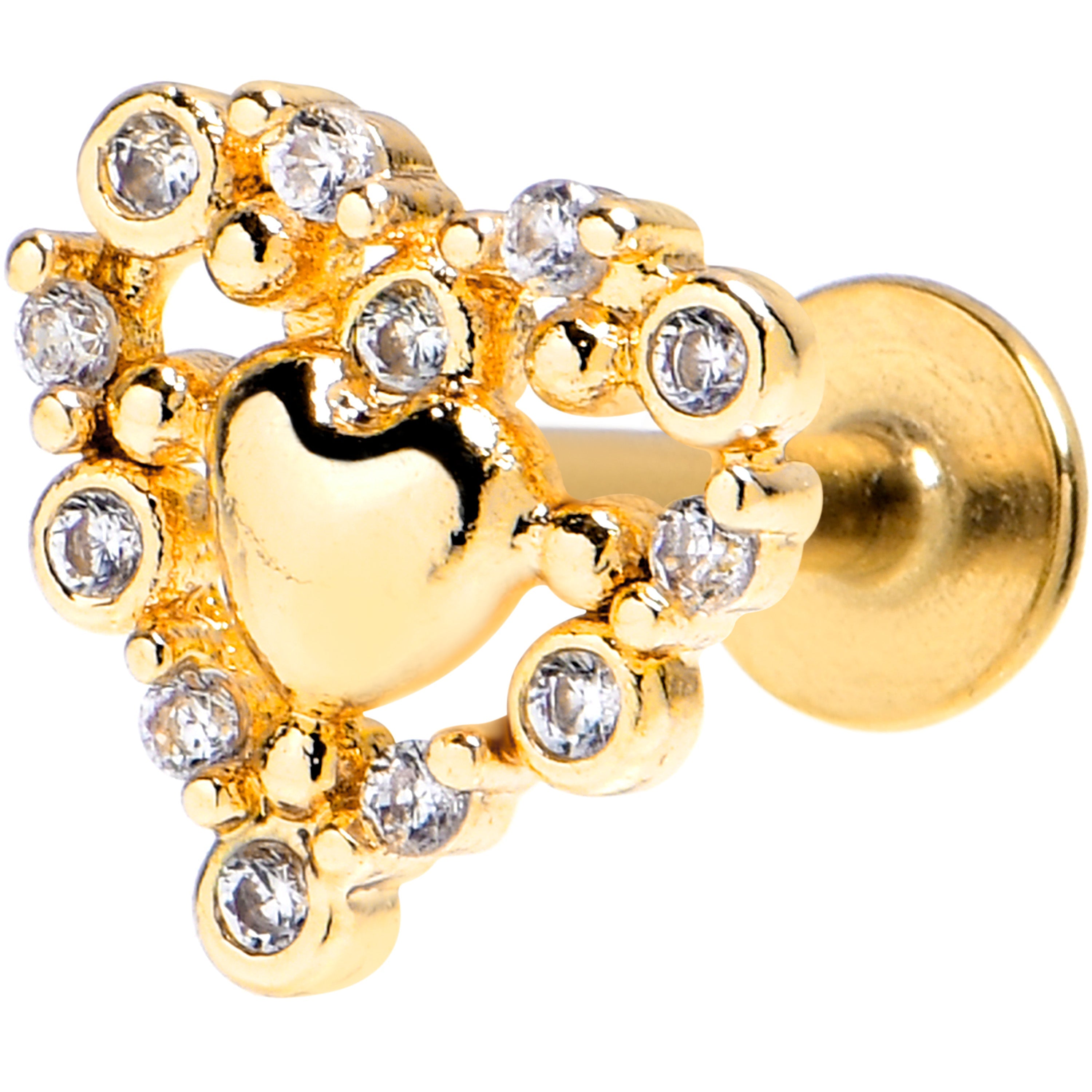 BodyCandy 16G 1/4 Clear CZ Gem Gold Tone Heart Duo Labret Tragus — main product shot