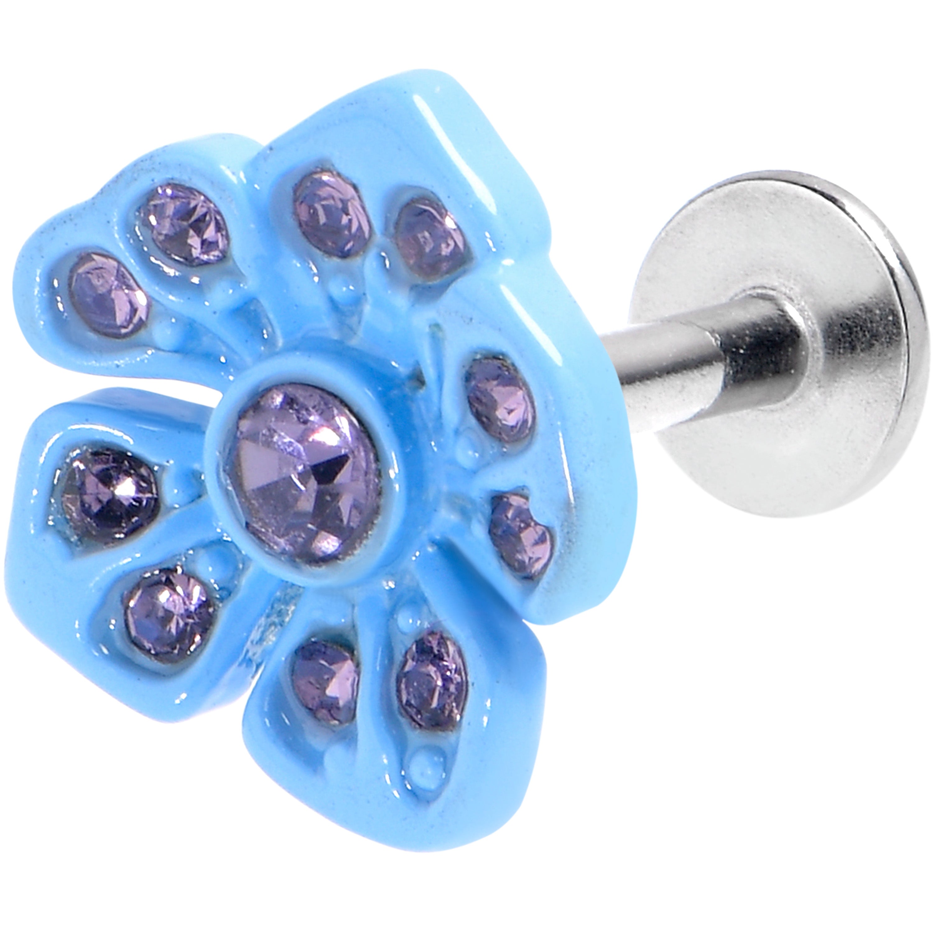 BodyCandy 16G 1/4 Purple Gem Flower Blue Bloom Labret — main product shot