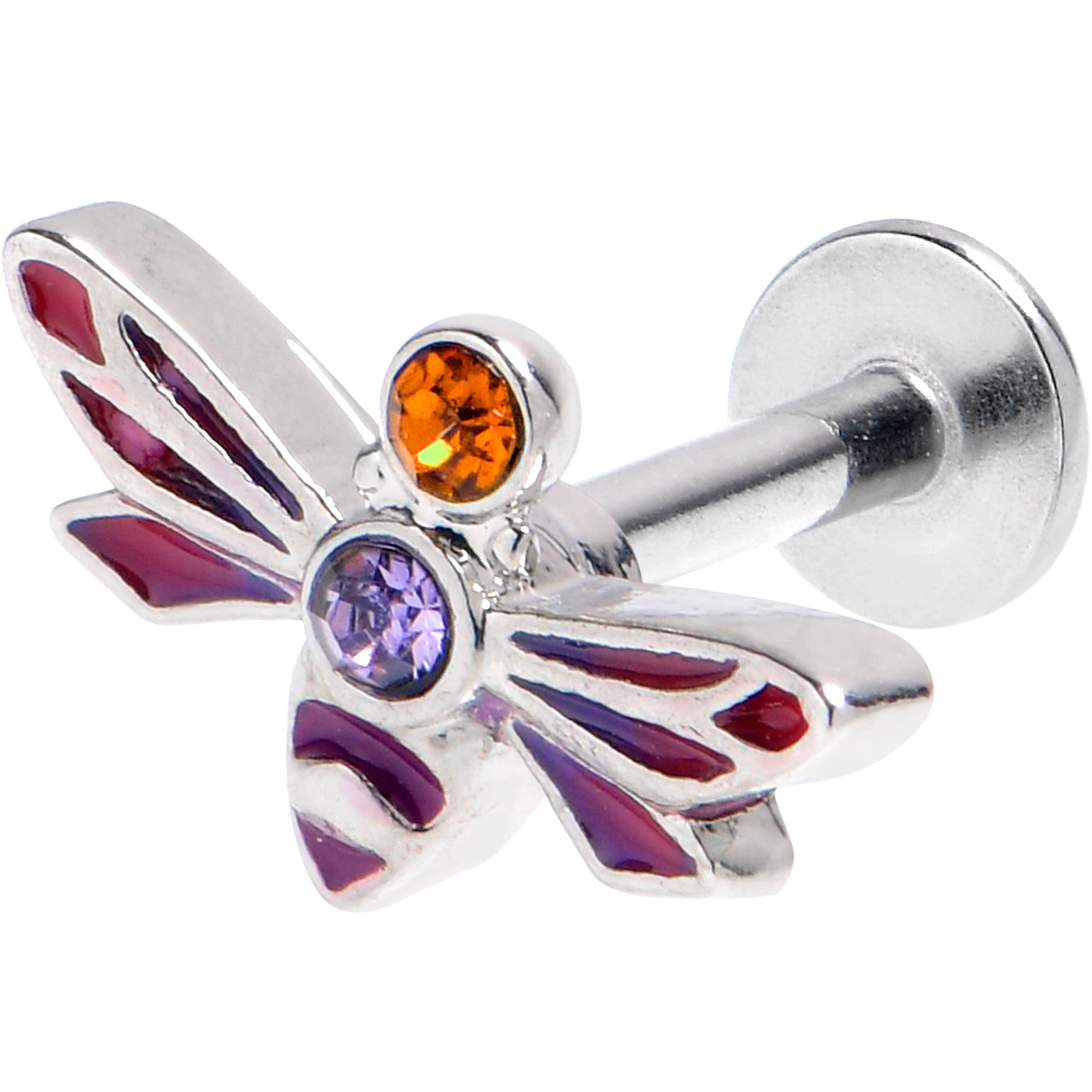 BodyCandy 16G 1/4 Purple Yellow Gem Dragonfly Stripe Labret — main product shot