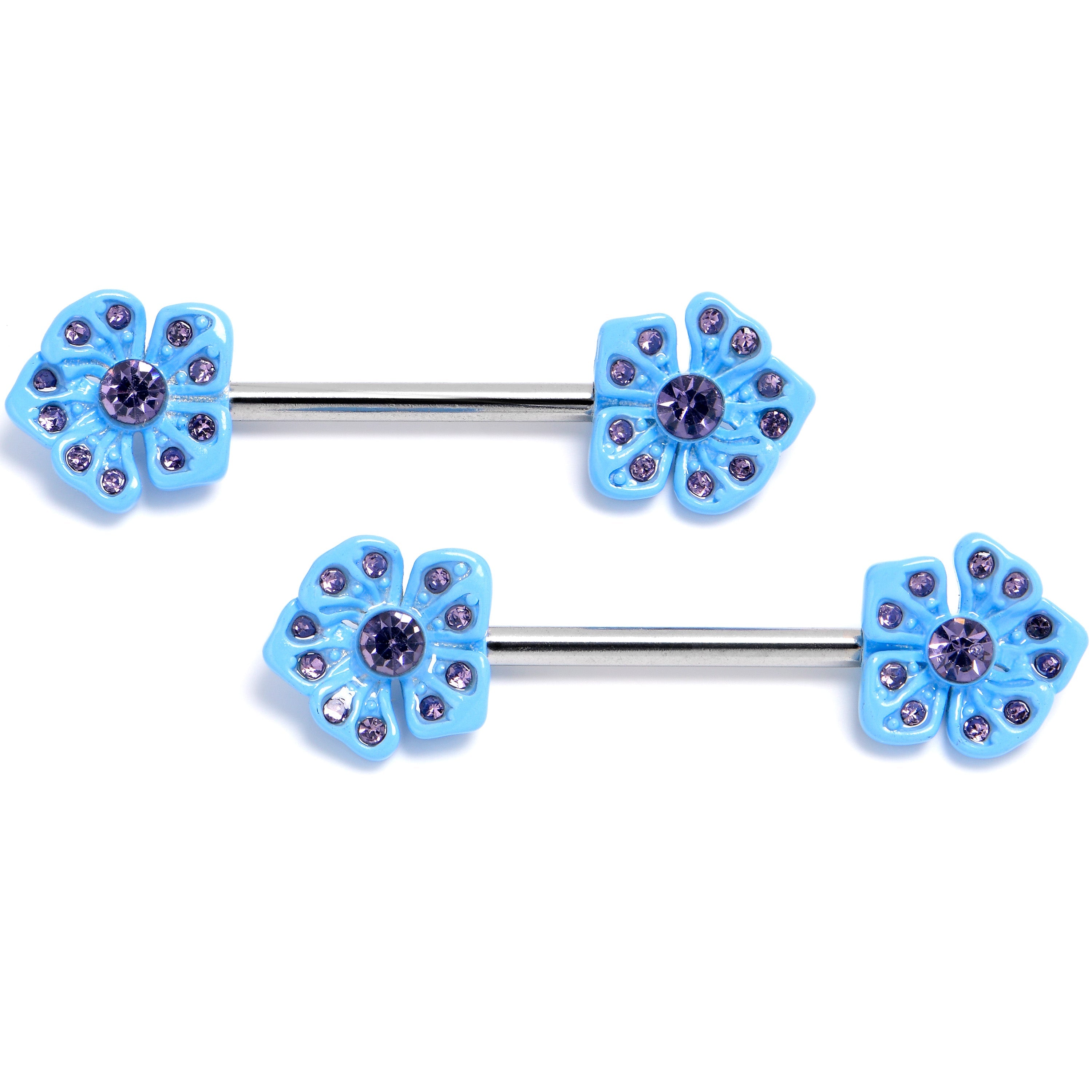 BodyCandy 14G 9/16 Purple Gem Flower Blue Bloom Barbell Nipple Ring Set — main product shot
