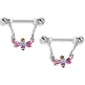 14G 9/16 Purple Yellow Gem Dragonfly Stripe Dangle Nipple Ring Set