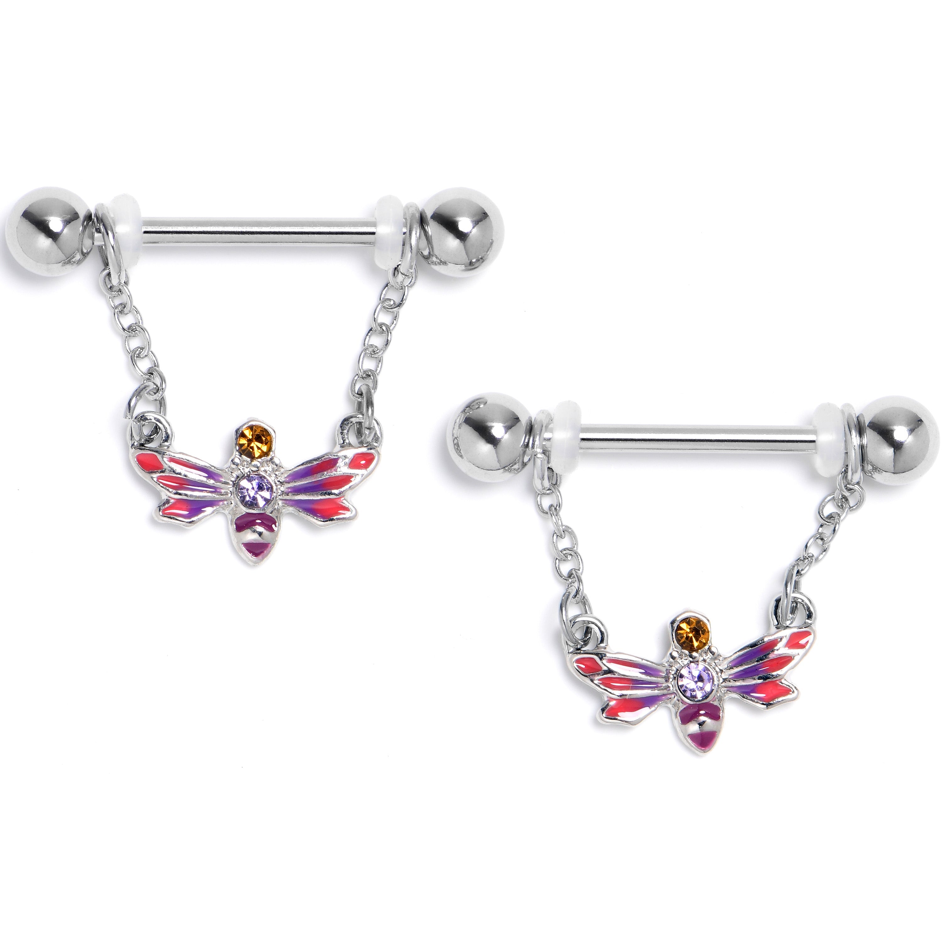 BodyCandy 14G 9/16 Purple Yellow Gem Dragonfly Stripe Dangle Nipple Ring Set — main product shot
