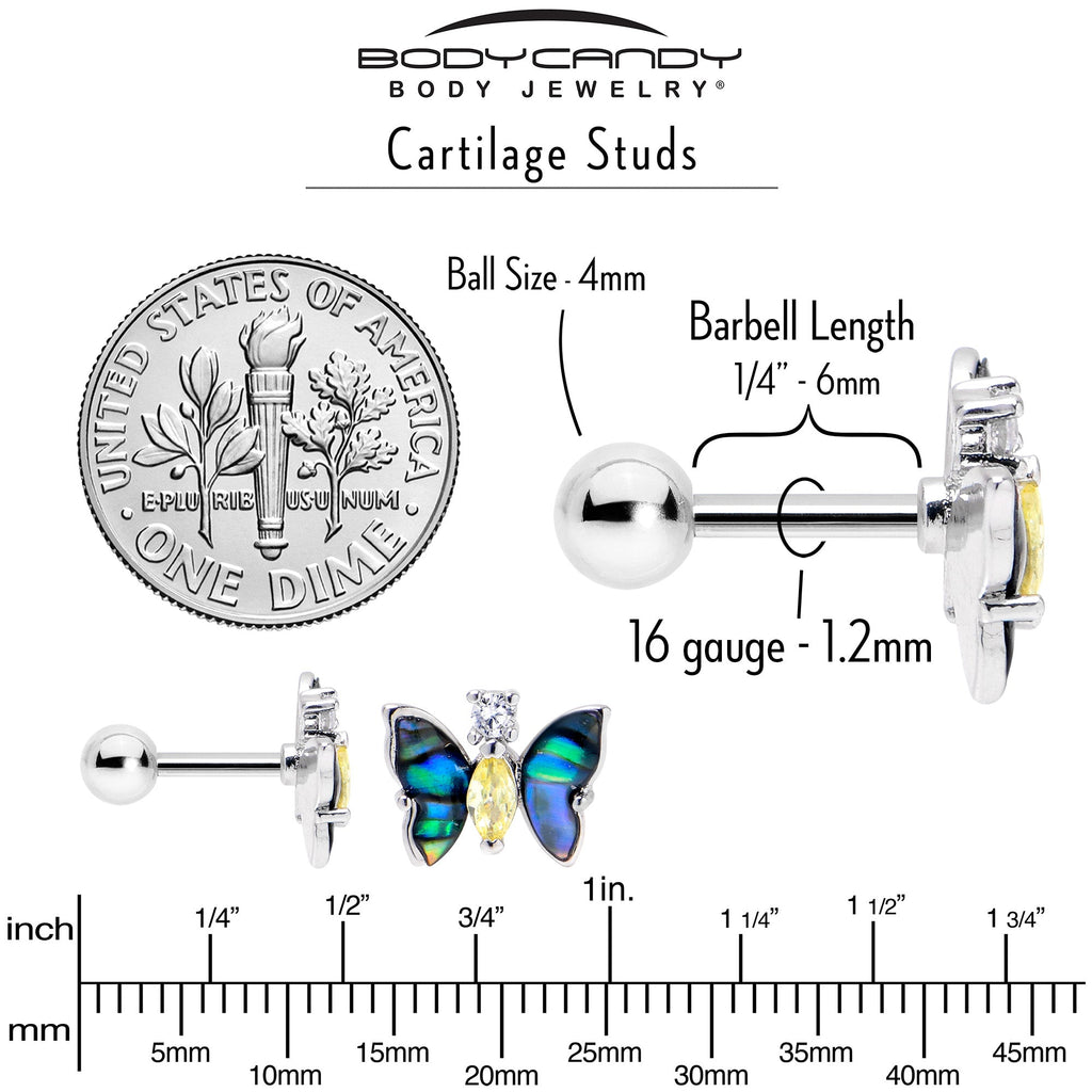 BodyCandy 16G 1/4 Clear Yellow Gem Dark Butterfly Cartilage Tragus Earring — side view