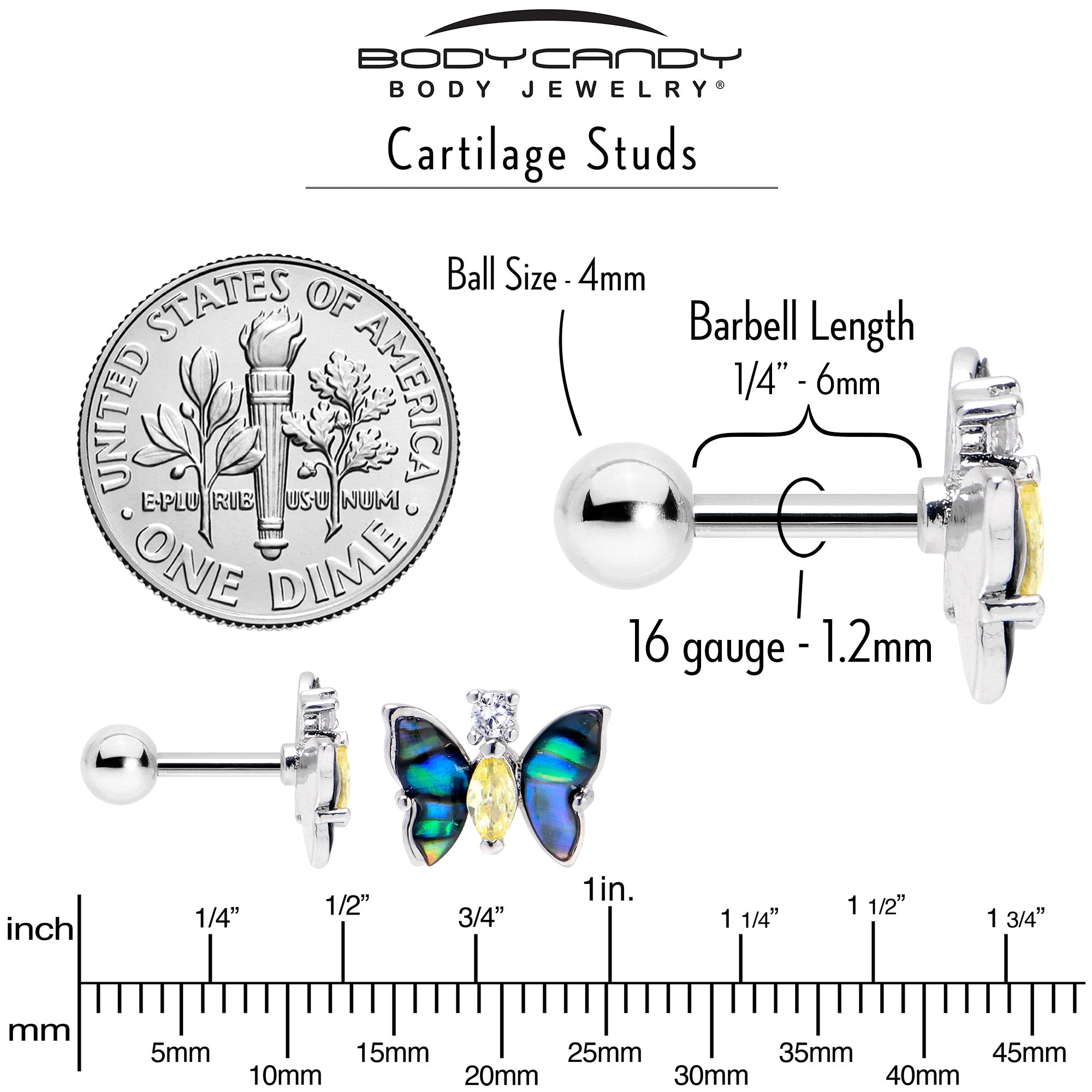 BodyCandy 16G 1/4 Clear Yellow Gem Dark Butterfly Cartilage Tragus Earring — side view