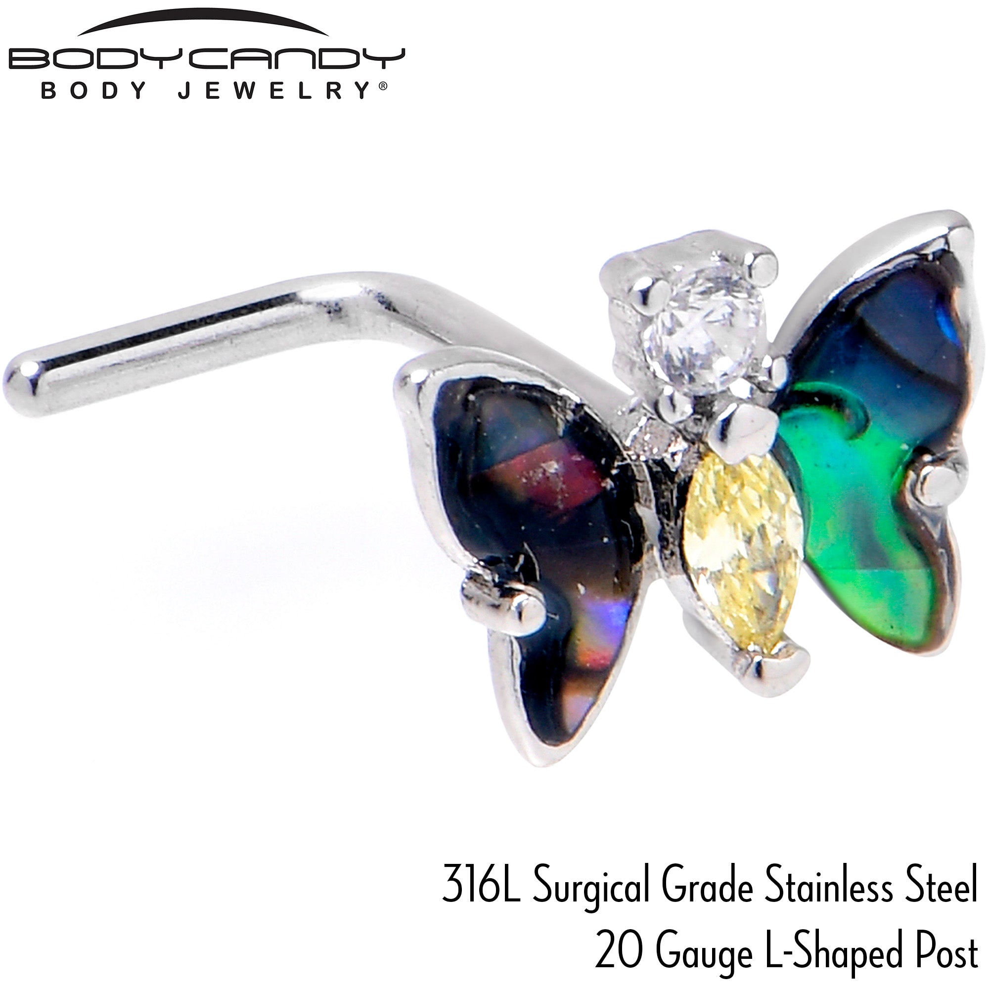 BodyCandy 20G 7mm Yellow Clear Gem Dark Butterfly L Shape Nose Ring — side view