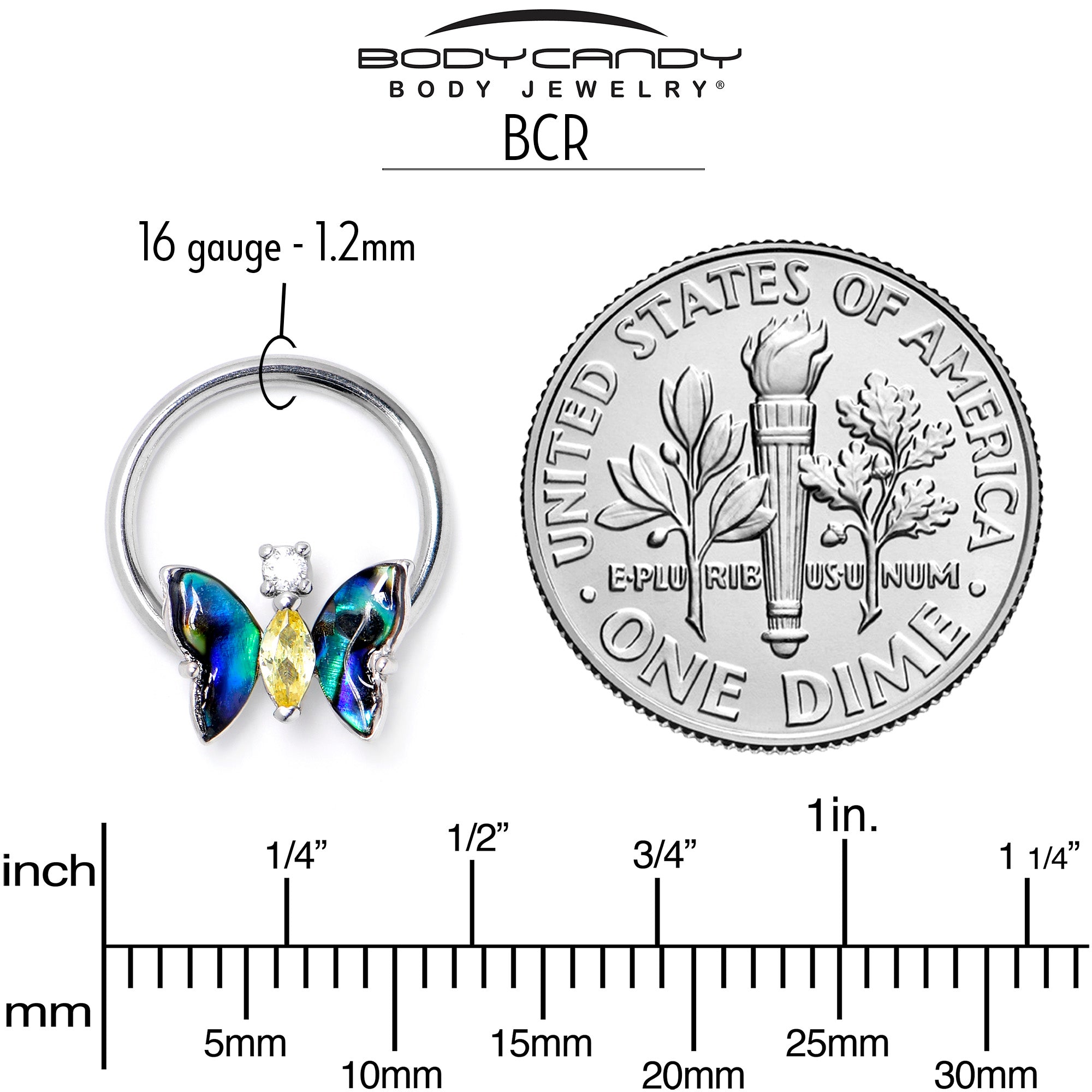 BodyCandy 16G 3/8 Yellow Clear Gem Dark Butterfly BCR Captive Ring — side view