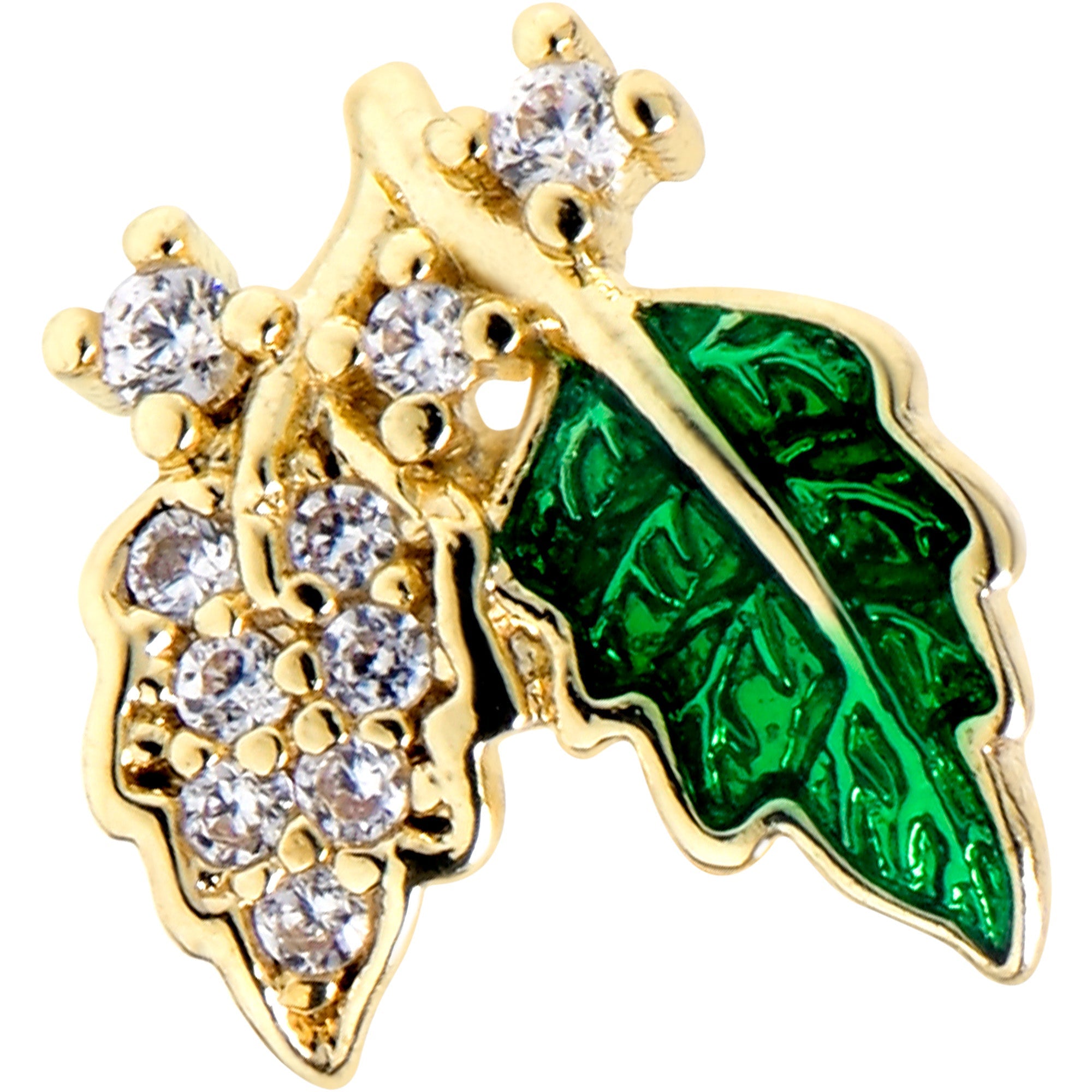 BodyCandy 16G 5/16 Clear CZ Gem Gold Tone Leafy Beauty Labret Monroe Tragus — detail close-up