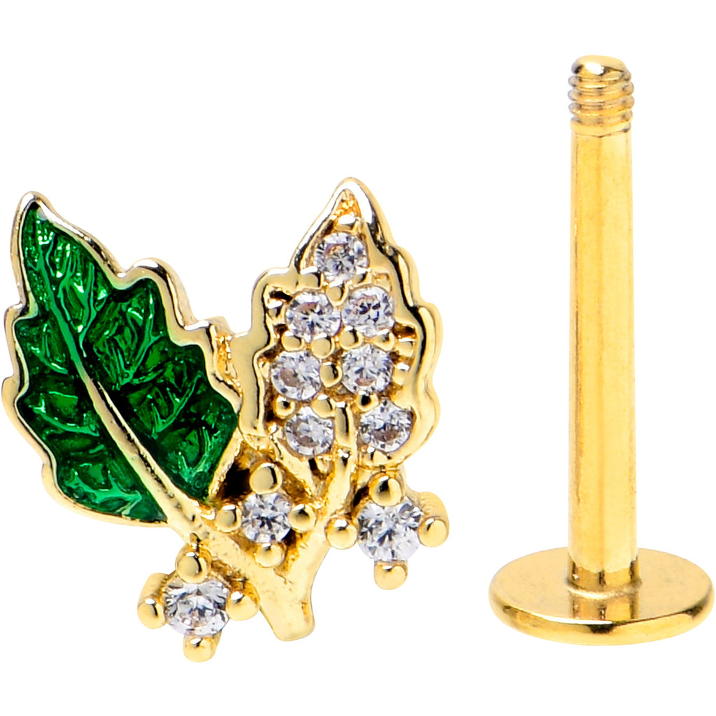 BodyCandy 16G 5/16 Clear CZ Gem Gold Tone Leafy Beauty Labret Monroe Tragus — side view