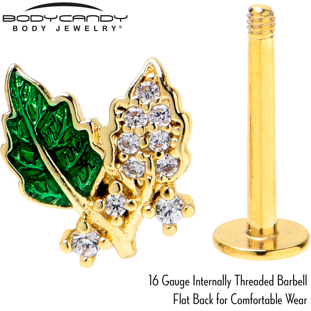 BodyCandy 16G 5/16 Clear CZ Gem Gold Tone Leafy Beauty Labret Monroe Tragus — back view
