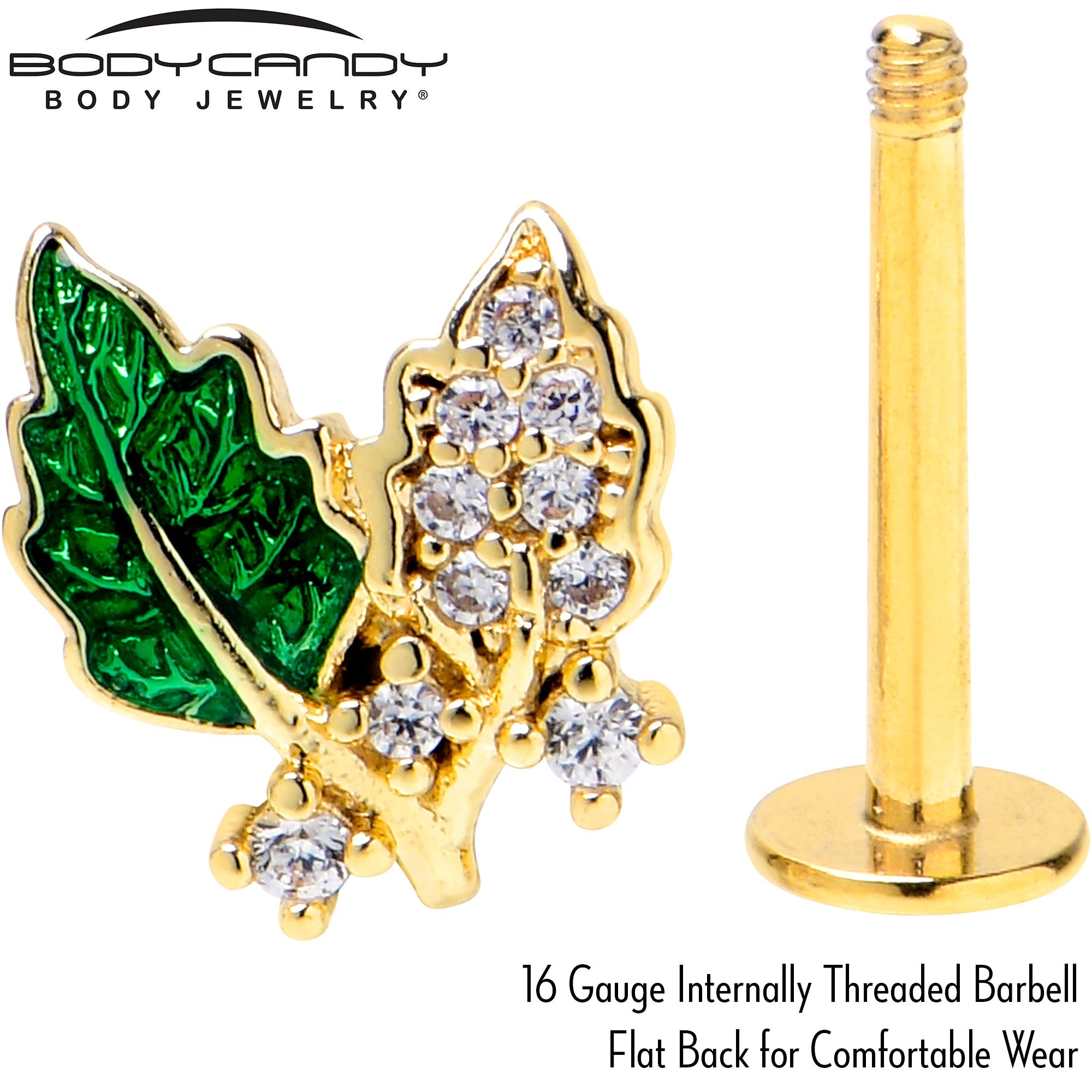BodyCandy 16G 5/16 Clear CZ Gem Gold Tone Leafy Beauty Labret Monroe Tragus — back view