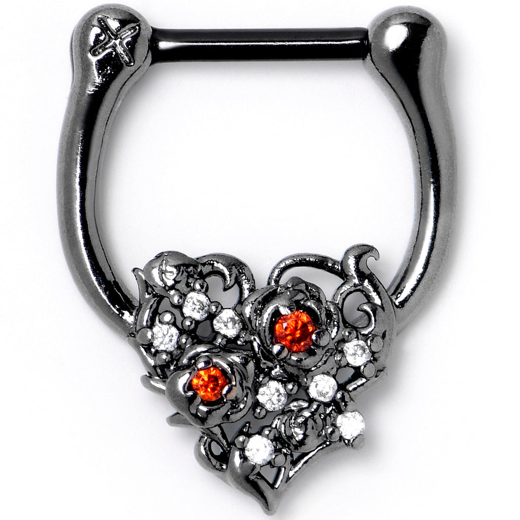 BodyCandy 16G 5/16 Red Clear CZ Black Floral Heart Cartilage Clicker — main product shot