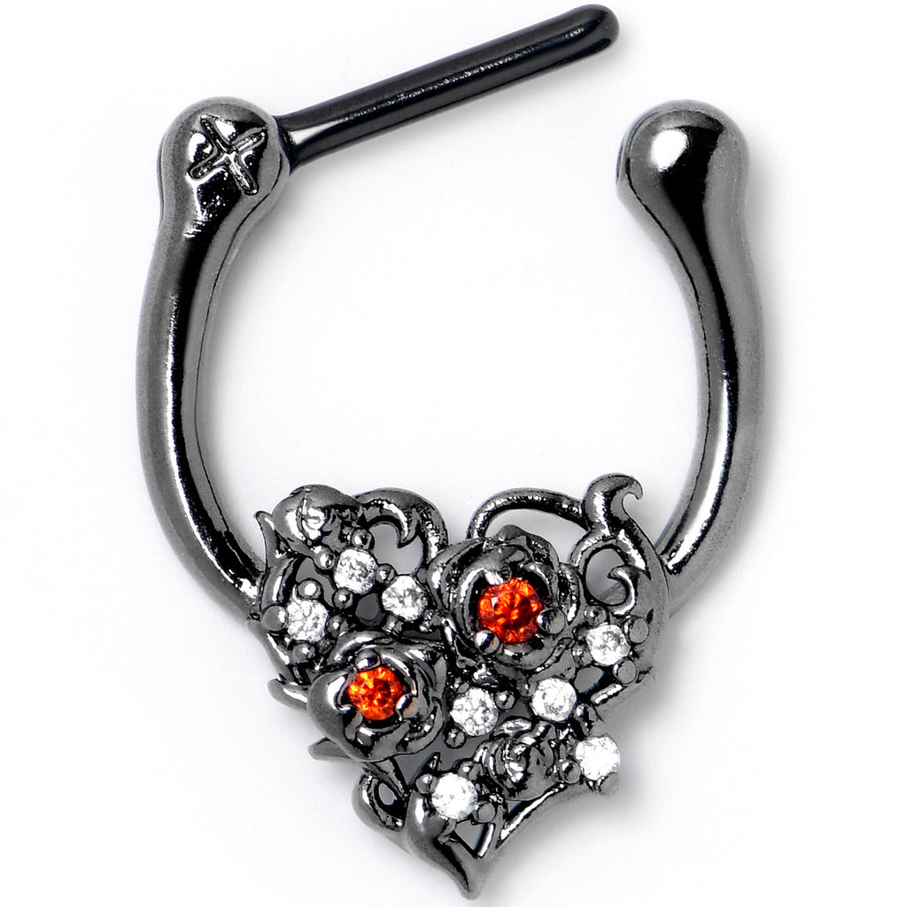 BodyCandy 16G 5/16 Red Clear CZ Black Floral Heart Cartilage Clicker — detail close-up