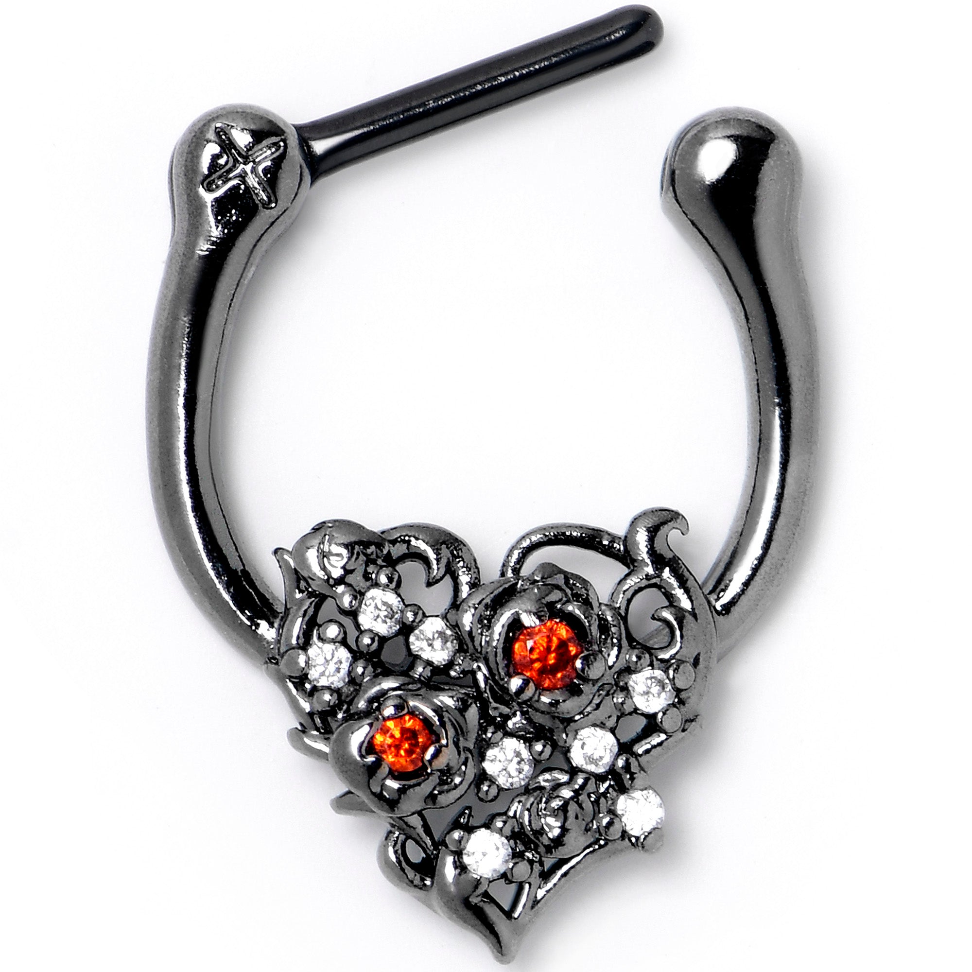 BodyCandy 16G 5/16 Red Clear CZ Black Floral Heart Cartilage Clicker — detail close-up