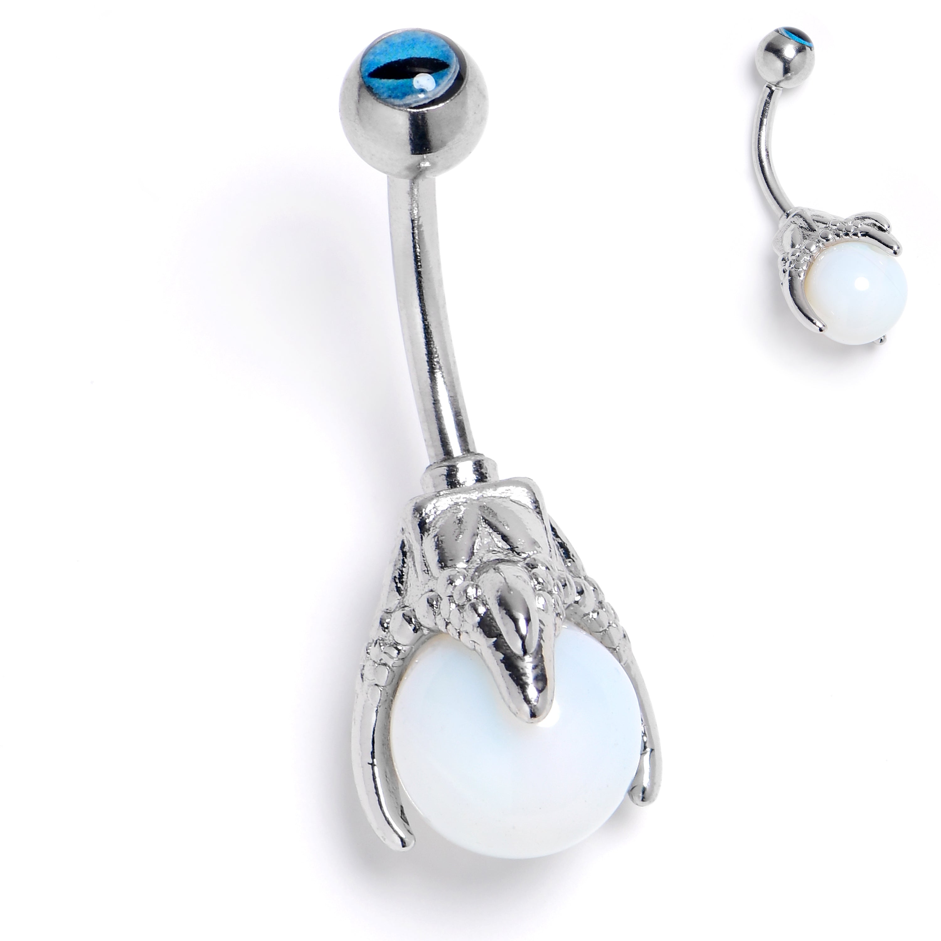 BodyCandy Blue Gem Claw Hand White Orb Belly Ring — main product shot