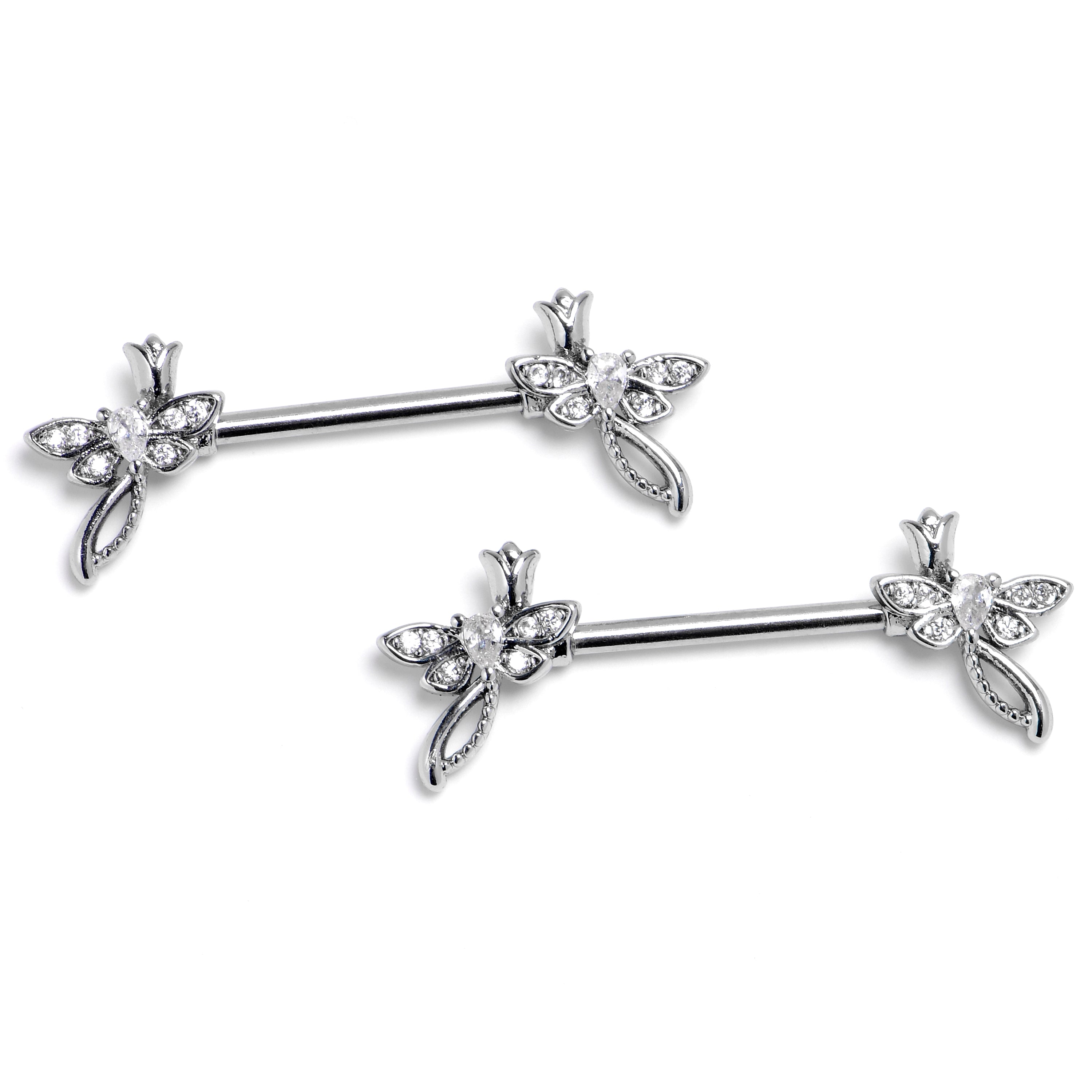 BodyCandy 14G 9/16 Clear Gem Bold Dragonfly Barbell Nipple Ring Set — main product shot