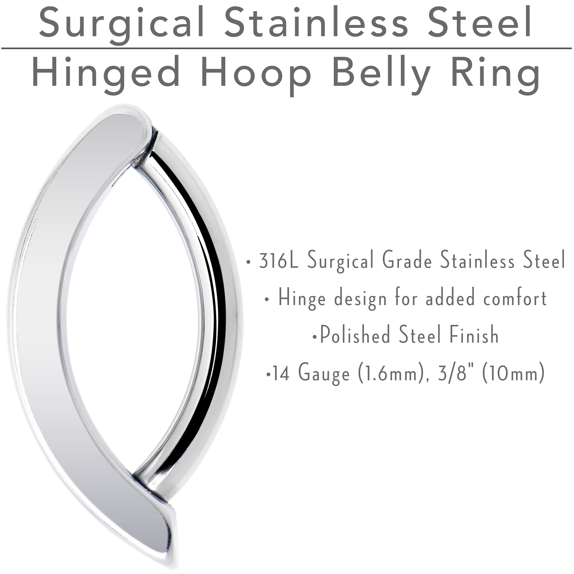 BodyCandy 14G 3/8 316L Surgical Steel Smooth Style Hinged Hoop Belly Ring — size reference
