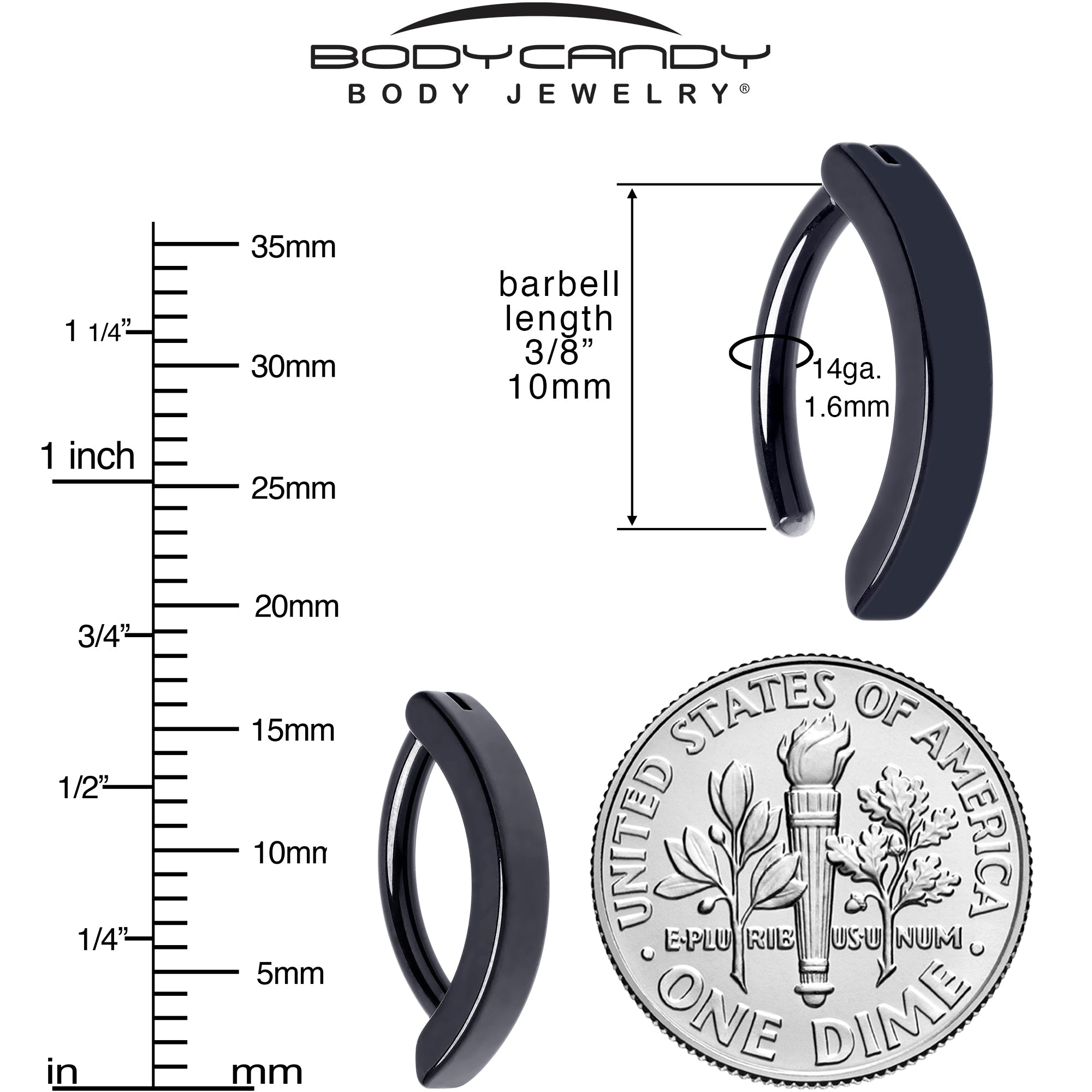 BodyCandy 14G 3/8 Black 316L Surgical Steel Smooth Style Hinged Hoop Belly Ring — in-use photo