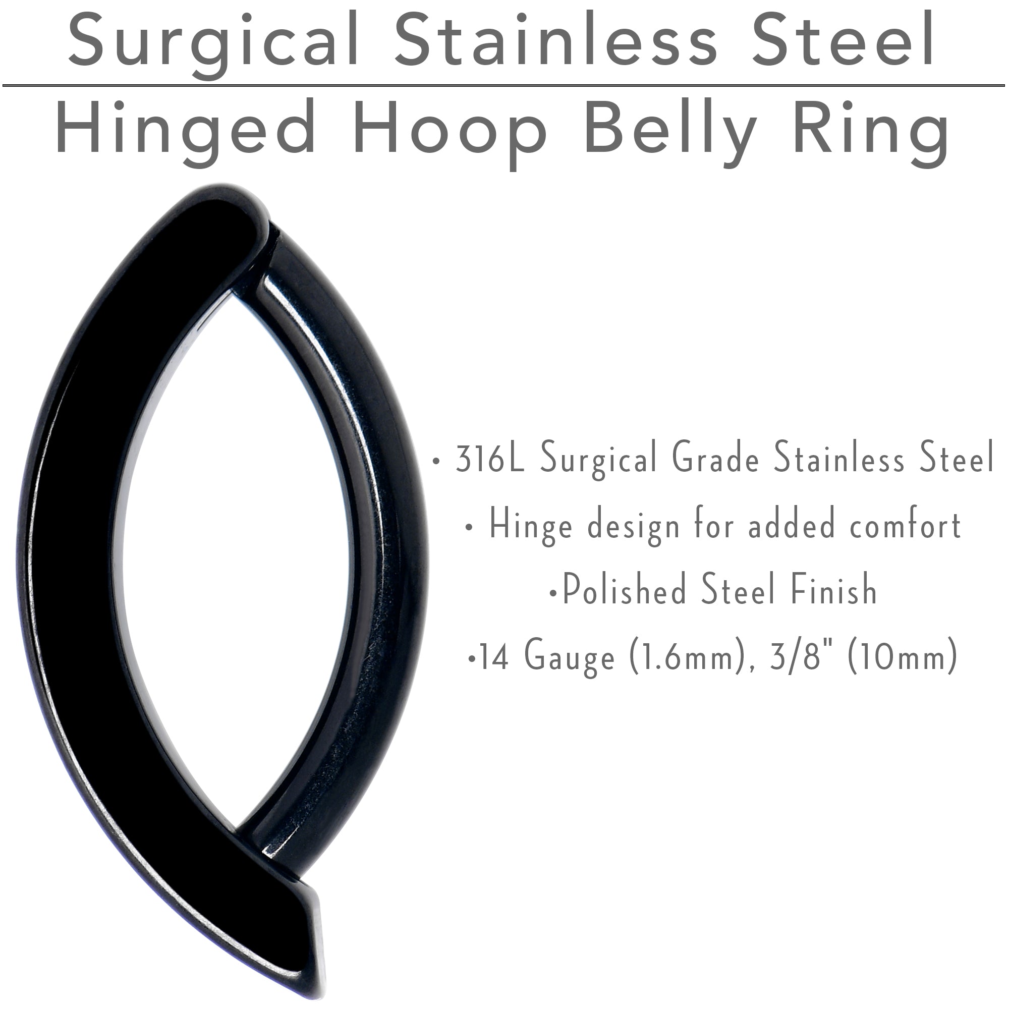 BodyCandy 14G 3/8 Black 316L Surgical Steel Smooth Style Hinged Hoop Belly Ring — size reference