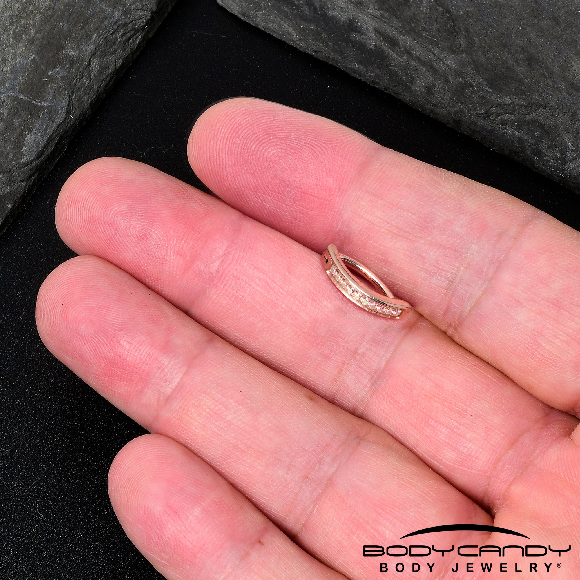 BodyCandy 14G 3/8  Rose Implant Grade Titanium CZ Paved Hinged Hoop Belly Ring — side view