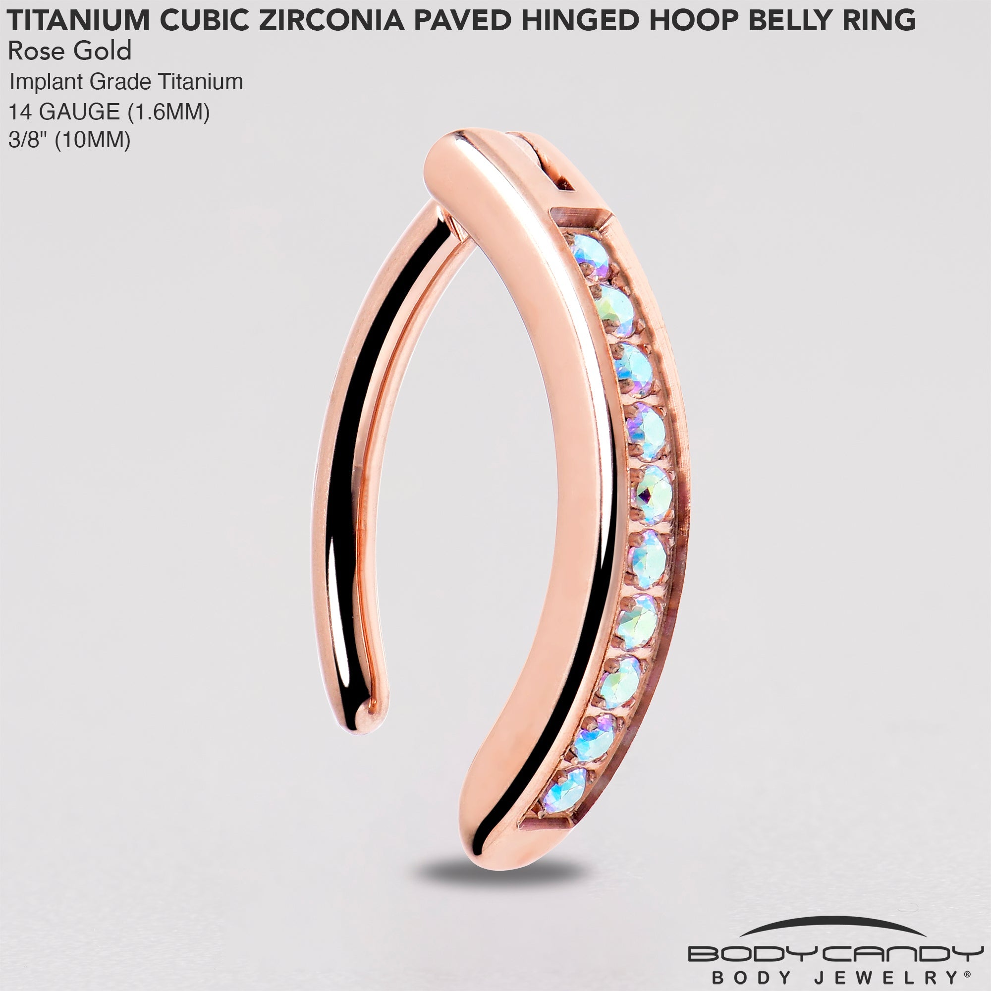BodyCandy 14G 3/8  Rose Implant Grade Titanium CZ Paved Hinged Hoop Belly Ring — alternative angle