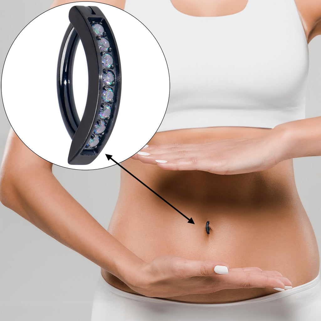 BodyCandy 14G 3/8  Black Implant Grade Titanium CZ Paved Hinged Hoop Belly Ring — detail close-up