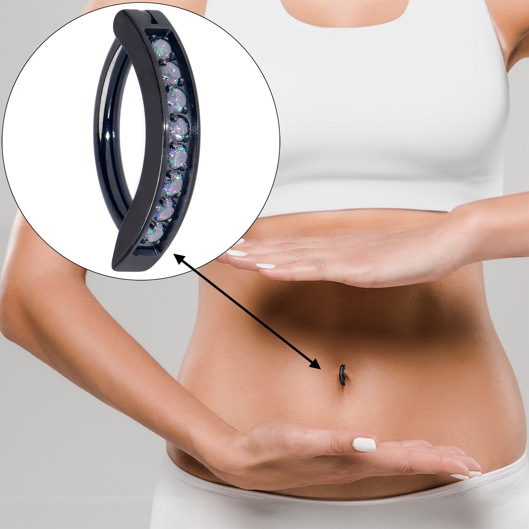 BodyCandy 14G 3/8  Black Implant Grade Titanium CZ Paved Hinged Hoop Belly Ring — detail close-up