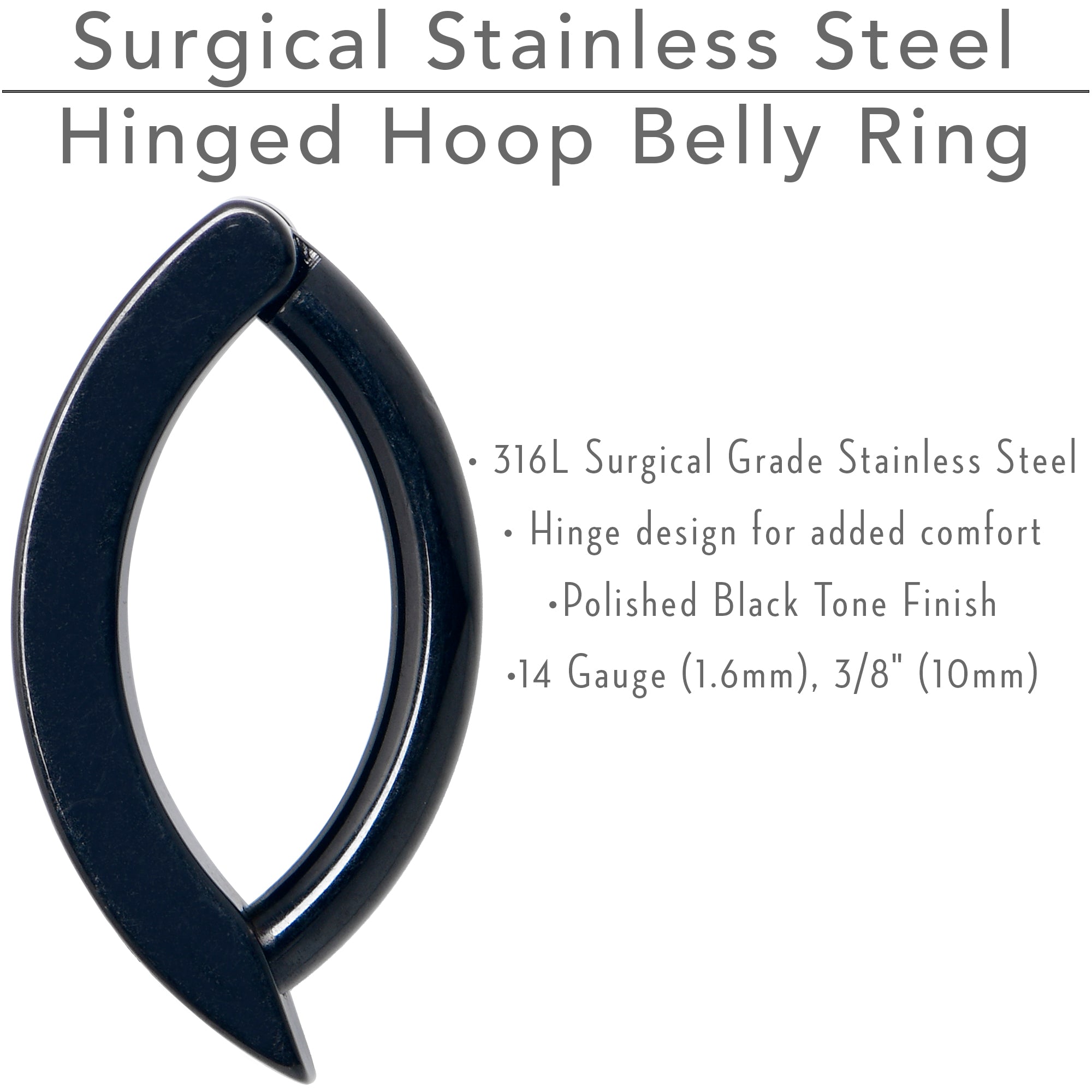BodyCandy 14G 3/8  Black Implant Grade Titanium CZ Paved Hinged Hoop Belly Ring — color detail