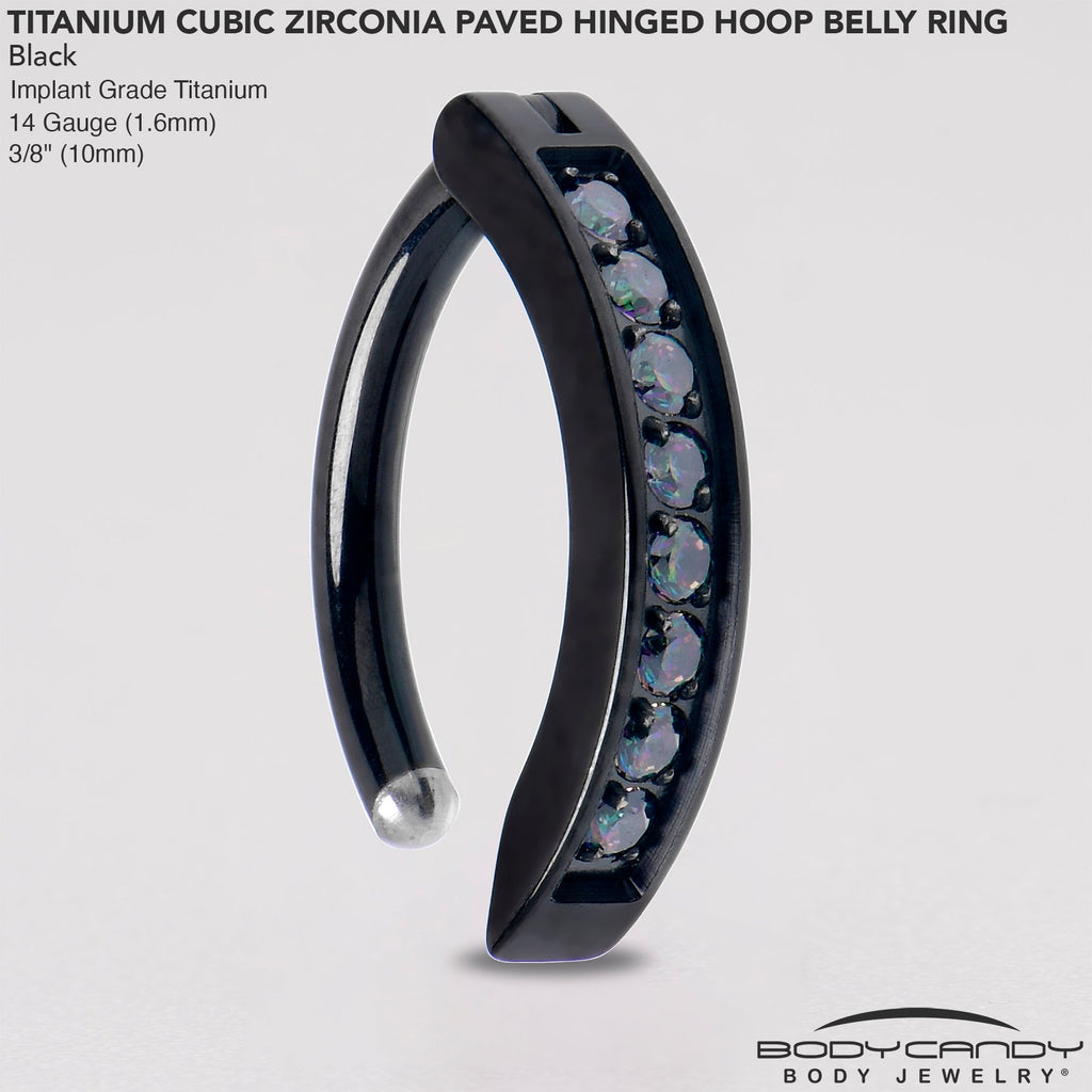 BodyCandy 14G 3/8  Black Implant Grade Titanium CZ Paved Hinged Hoop Belly Ring — alternative angle