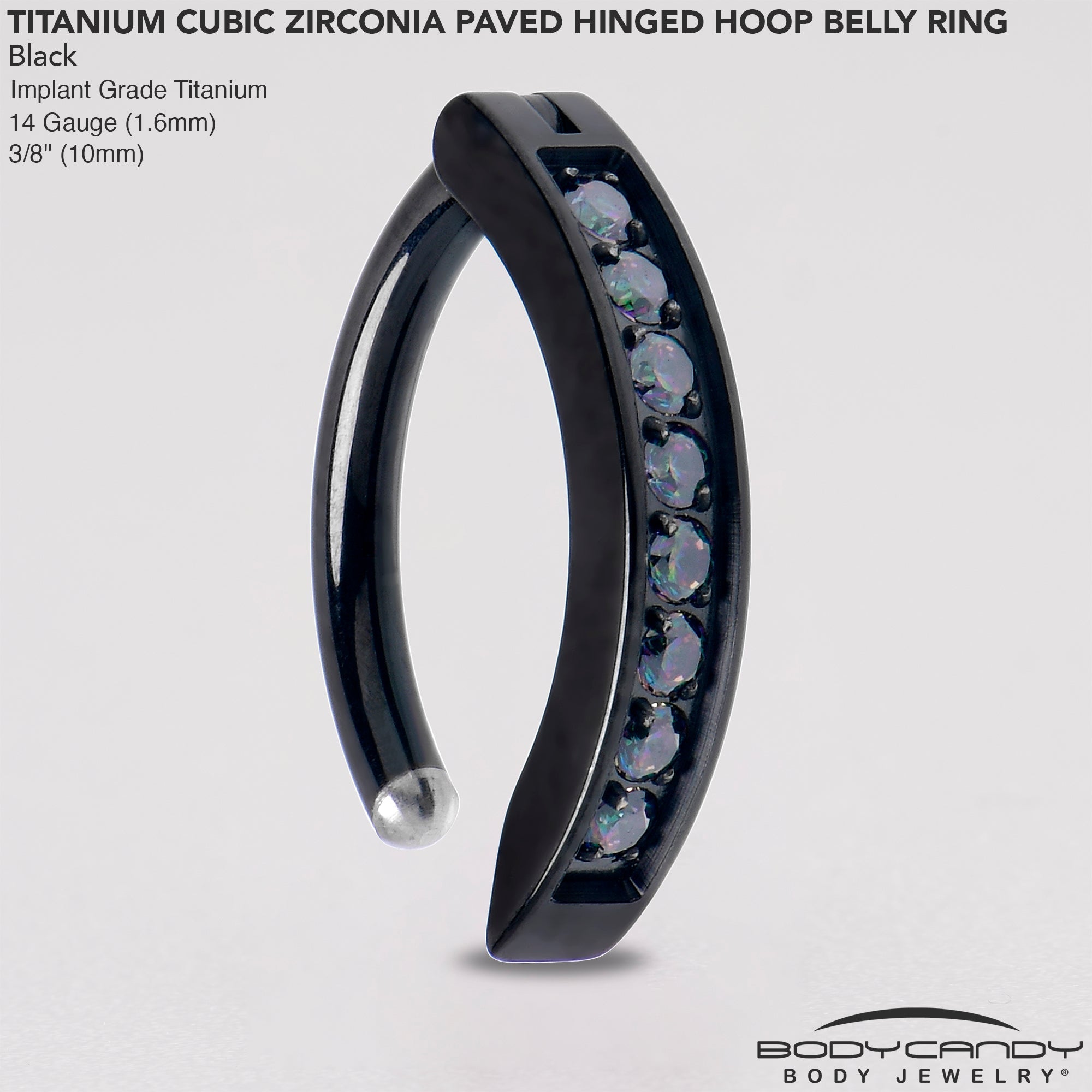 BodyCandy 14G 3/8  Black Implant Grade Titanium CZ Paved Hinged Hoop Belly Ring — alternative angle