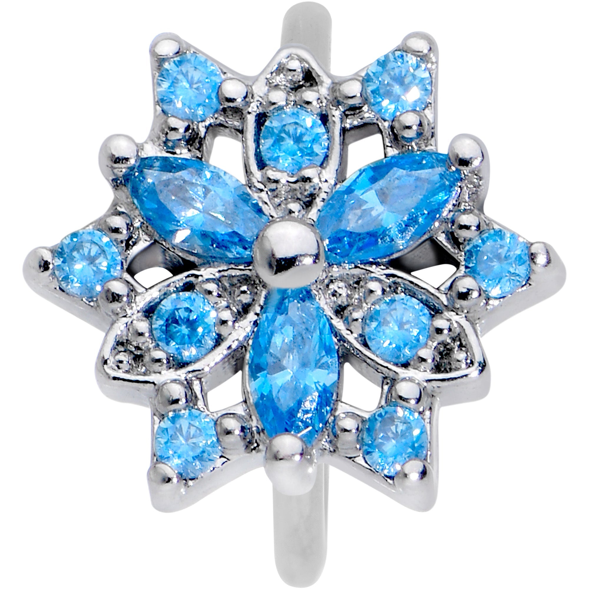 BodyCandy 20G 5/16 Blue CZ Gem Snowflake Style Nose Hoop — detail close-up