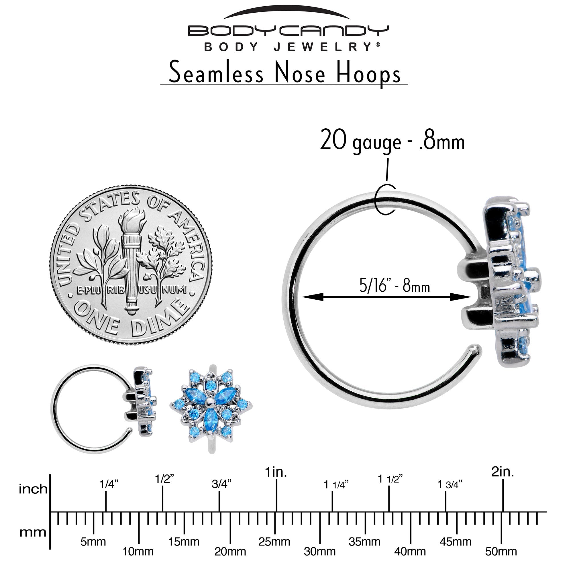 BodyCandy 20G 5/16 Blue CZ Gem Snowflake Style Nose Hoop — back view