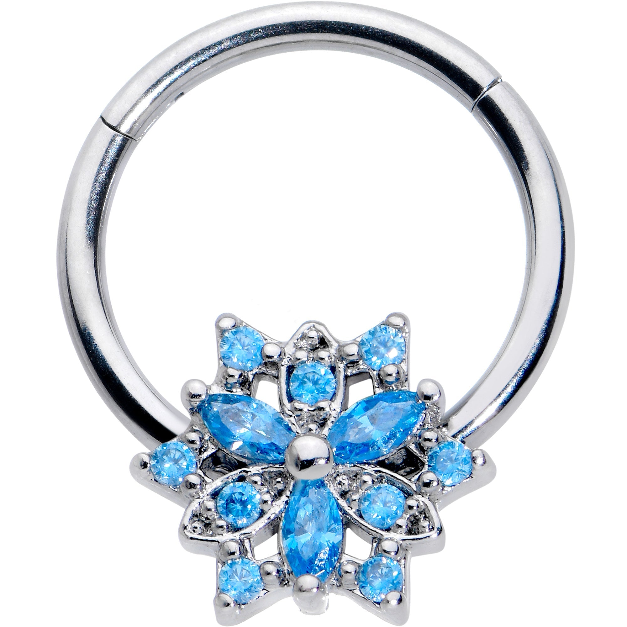 BodyCandy 16G 3/8 Blue CZ Gem Snowflake Style Hinged Segment Ring — main product shot