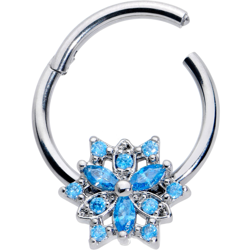 BodyCandy 16G 3/8 Blue CZ Gem Snowflake Style Hinged Segment Ring — detail close-up