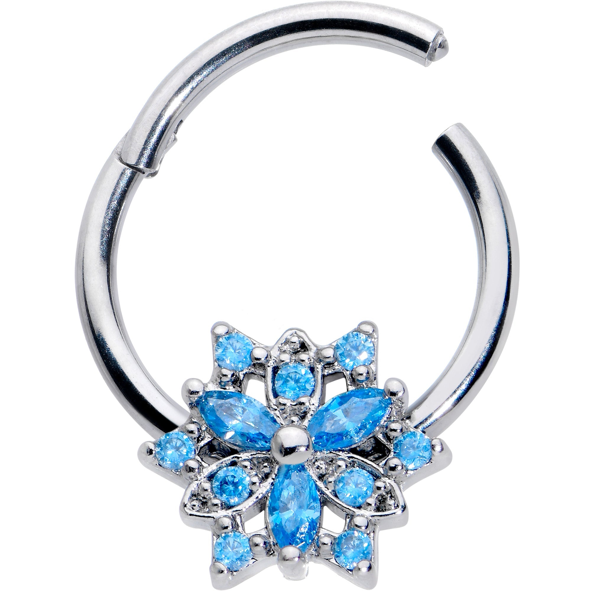 BodyCandy 16G 3/8 Blue CZ Gem Snowflake Style Hinged Segment Ring — detail close-up