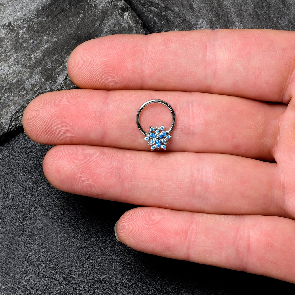 BodyCandy 16G 3/8 Blue CZ Gem Snowflake Style Hinged Segment Ring — lifestyle context