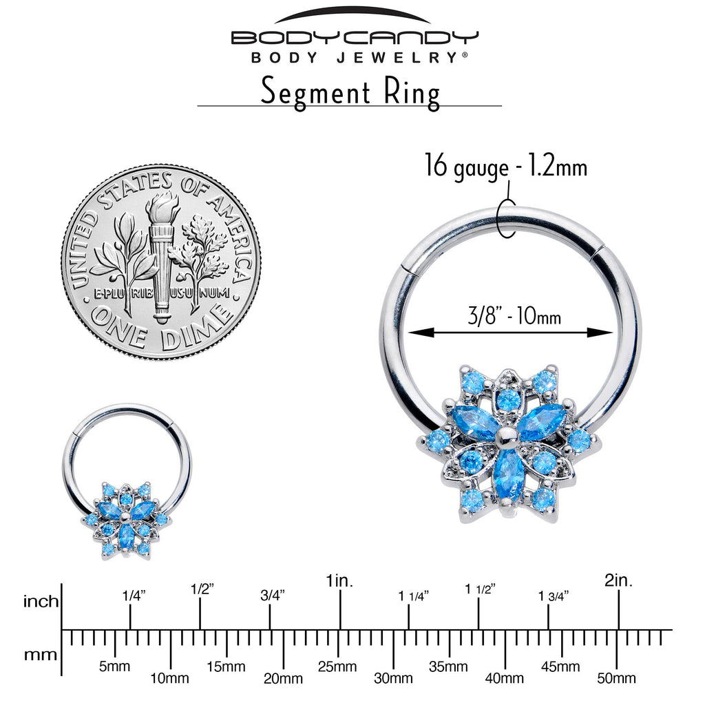 BodyCandy 16G 3/8 Blue CZ Gem Snowflake Style Hinged Segment Ring — side view