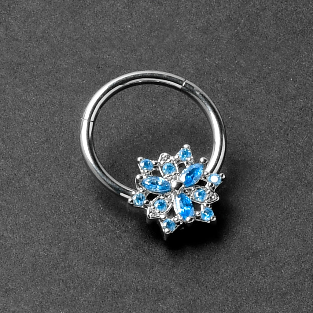 BodyCandy 16G 3/8 Blue CZ Gem Snowflake Style Hinged Segment Ring — back view