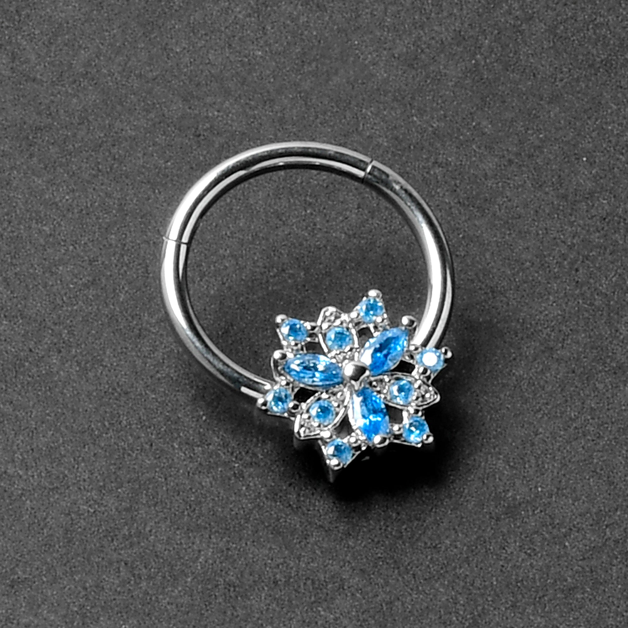 BodyCandy 16G 3/8 Blue CZ Gem Snowflake Style Hinged Segment Ring — back view