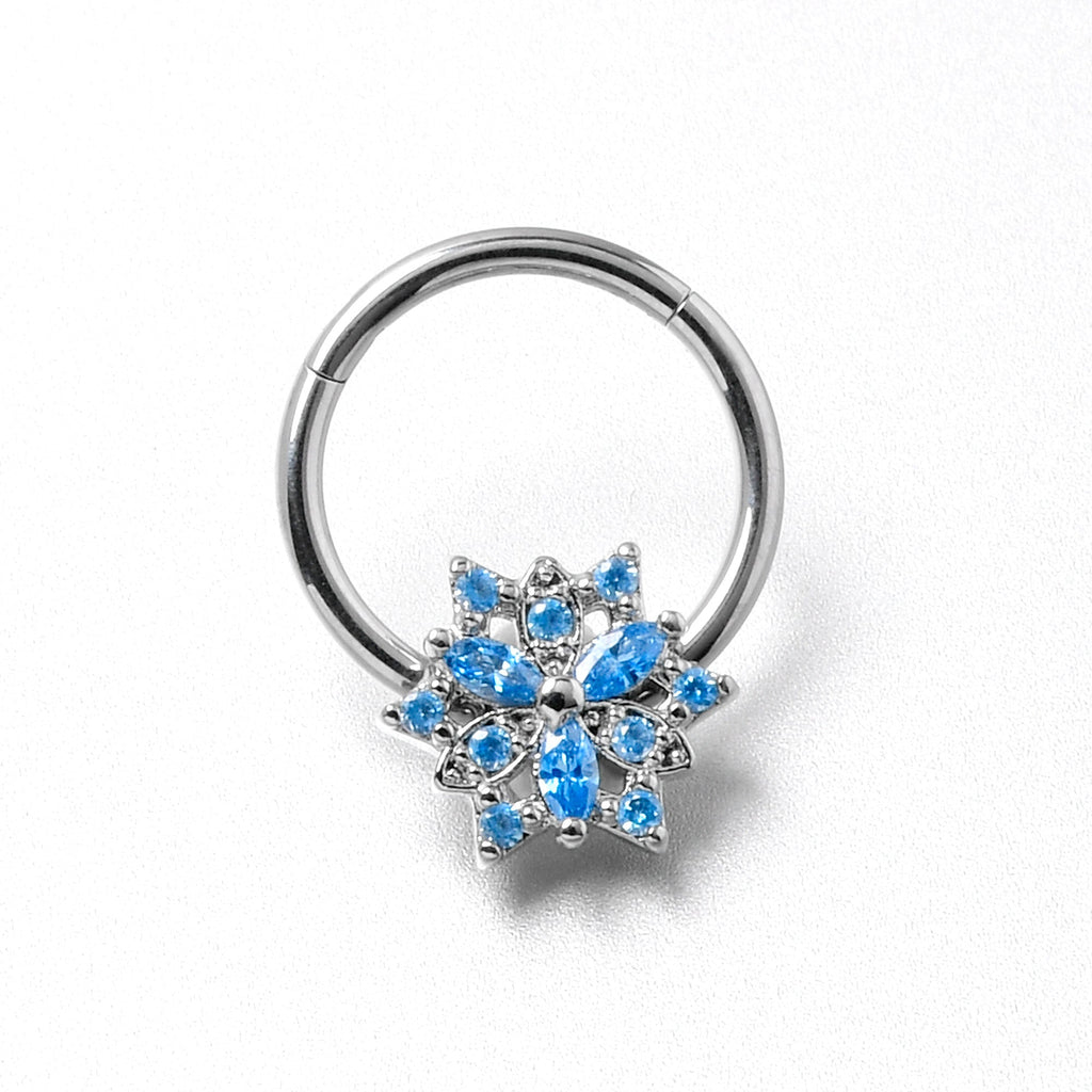 BodyCandy 16G 3/8 Blue CZ Gem Snowflake Style Hinged Segment Ring — alternative angle