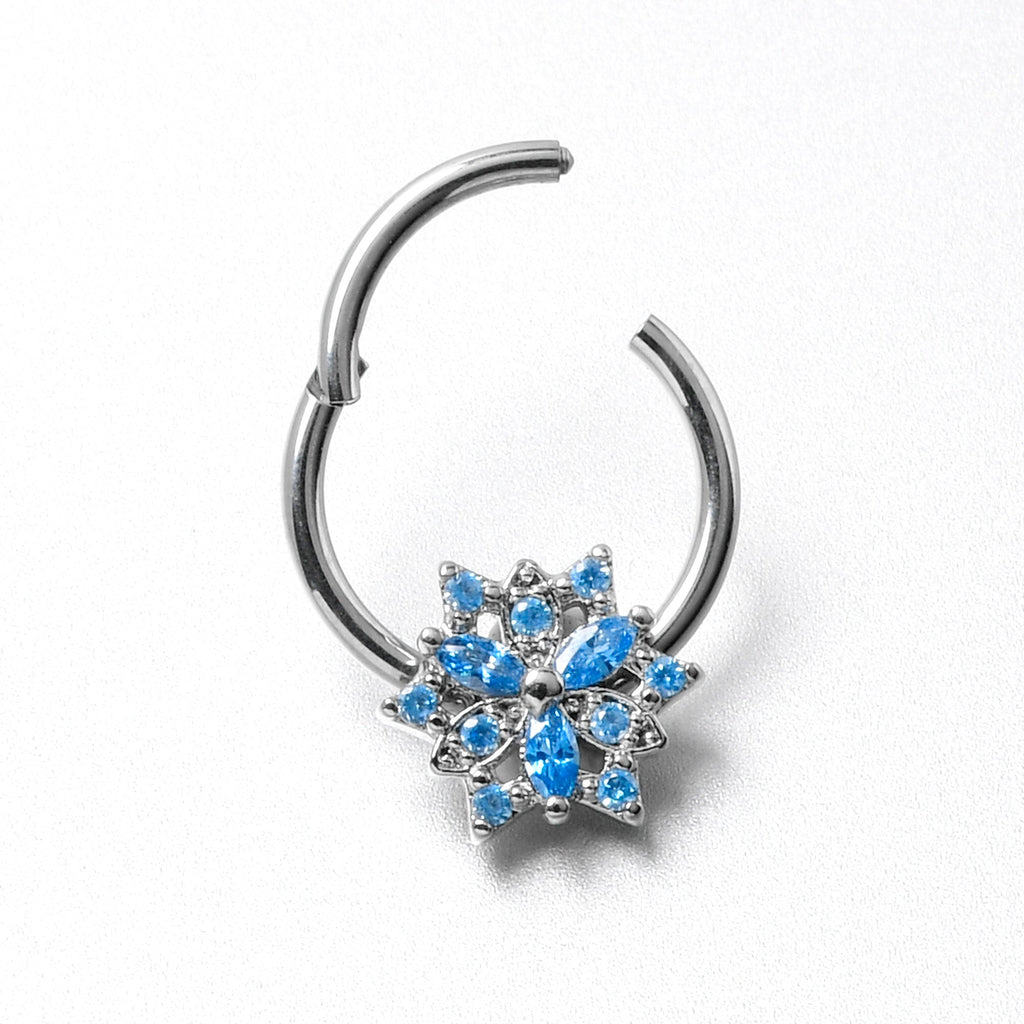 BodyCandy 16G 3/8 Blue CZ Gem Snowflake Style Hinged Segment Ring — in-use photo