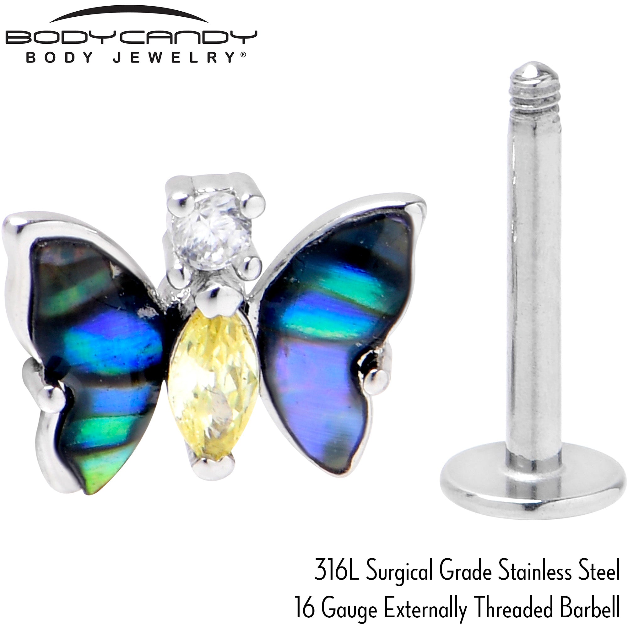 BodyCandy 16G 5/16 Yellow Clear Gem Dark Butterfly Labret Monroe Tragus — side view