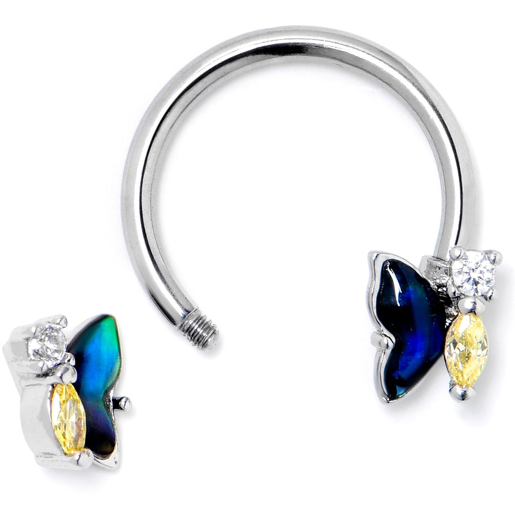 BodyCandy 16G 3/8 Yellow Clear Gem Dark Butterfly Horseshoe Circular Barbell — detail close-up