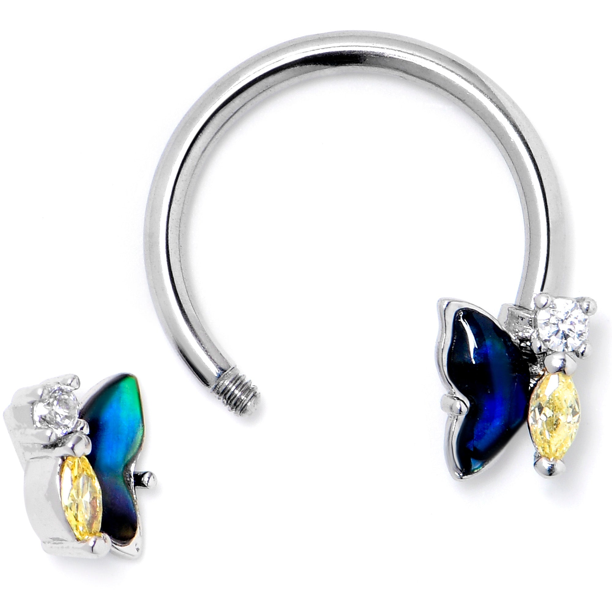 BodyCandy 16G 3/8 Yellow Clear Gem Dark Butterfly Horseshoe Circular Barbell — detail close-up