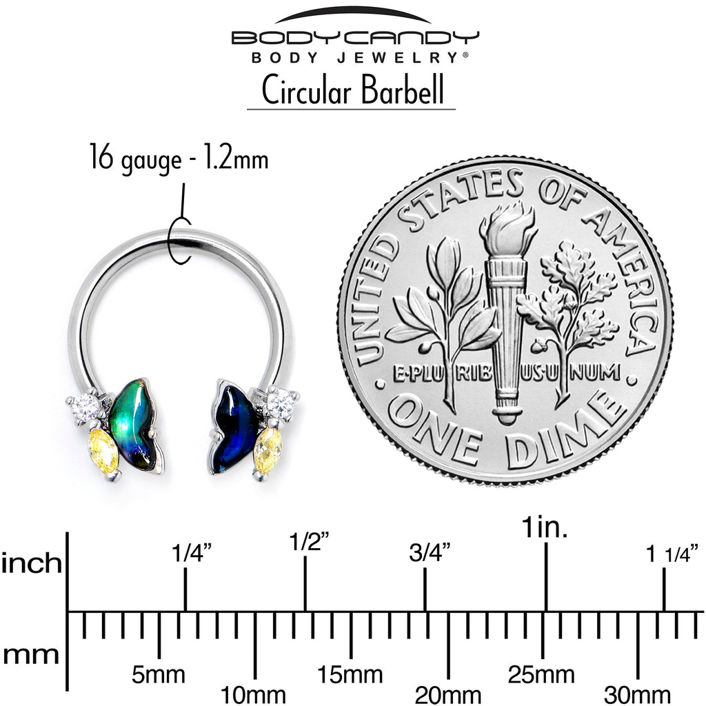 BodyCandy 16G 3/8 Yellow Clear Gem Dark Butterfly Horseshoe Circular Barbell — side view