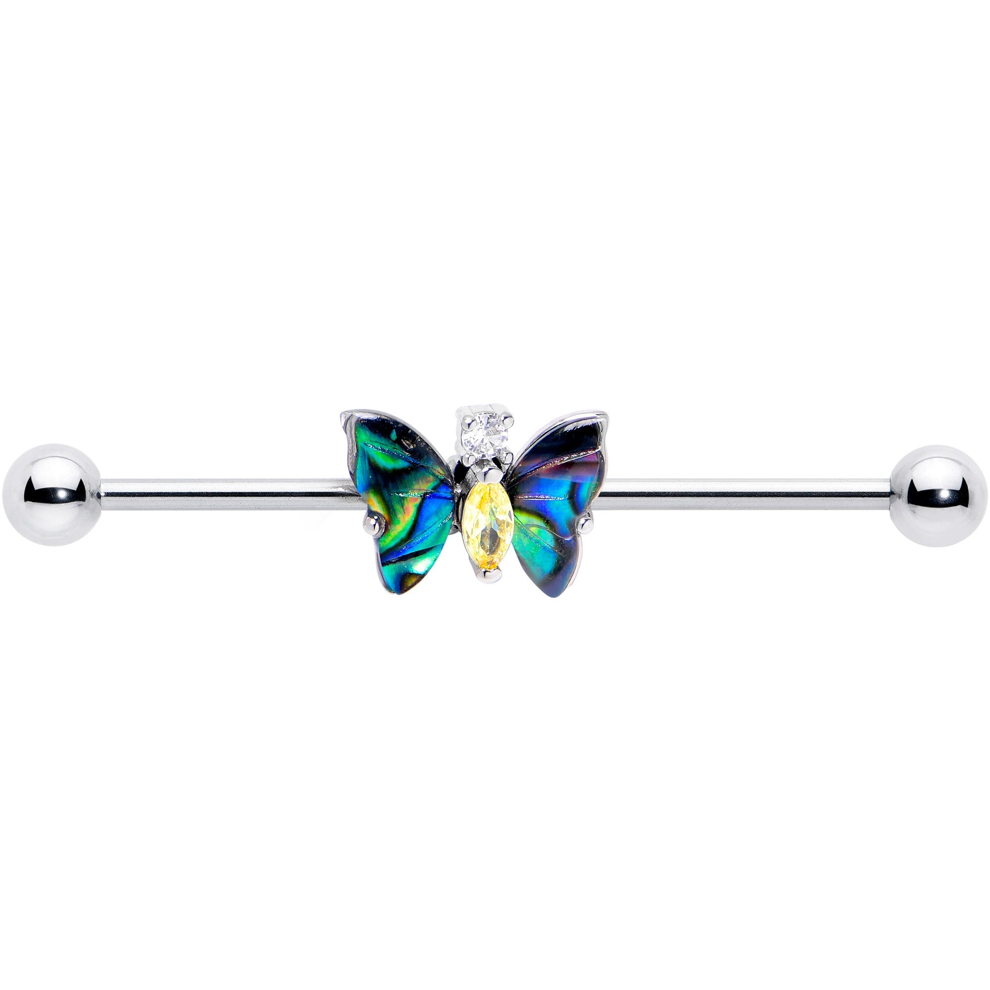 BodyCandy 14G Yellow Clear Gem Dark Butterfly Industrial Barbell 38mm — detail close-up